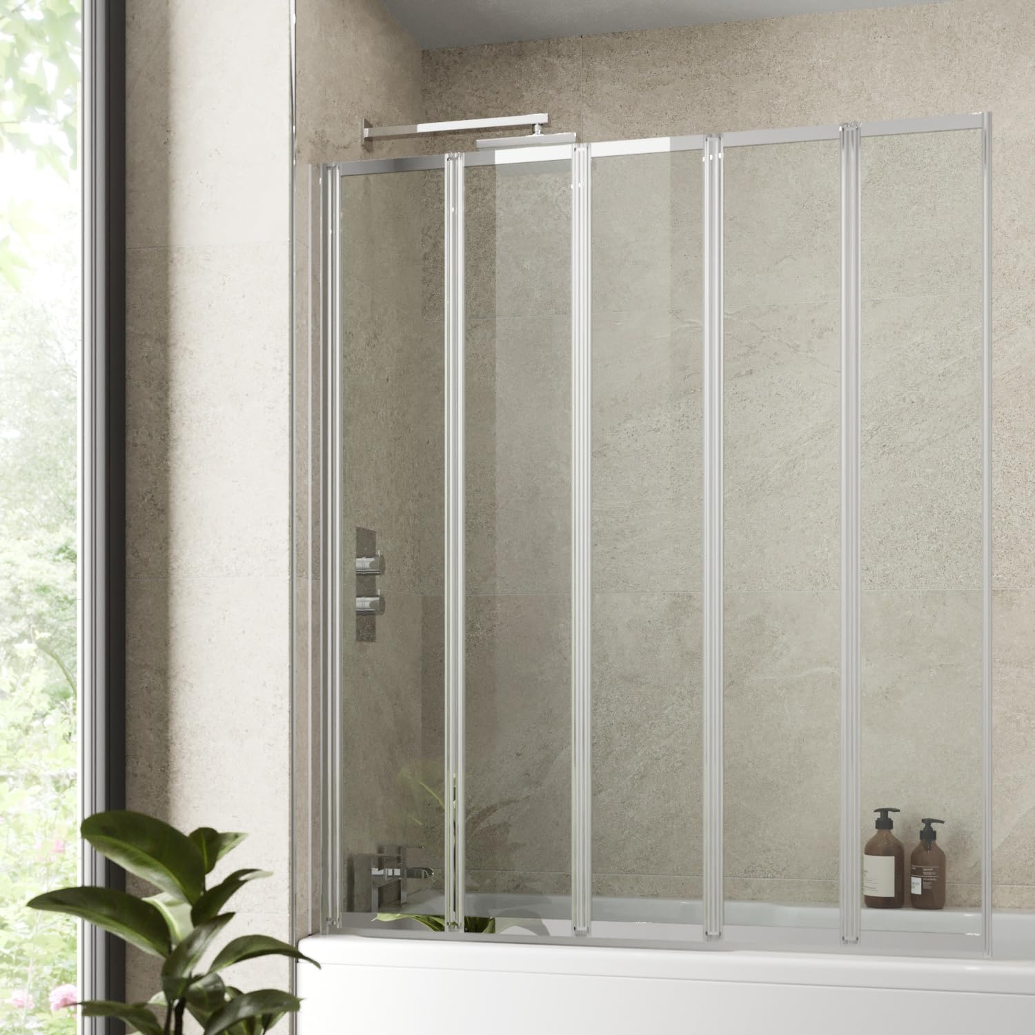 Luxura® 5 Panel 1200 x 1400mm Chrome Over Bath Shower Screen Folding Hinged Door Glass Panels & Screens for Baths, 4mm Toughened Safety Glass, 180° Pivot Swing, Reversible