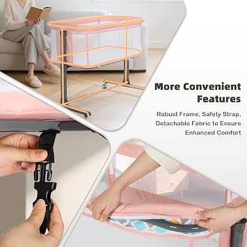 Baby Bassinet, Portable Bedside Sleeper w/Adjustable Height, Pink
