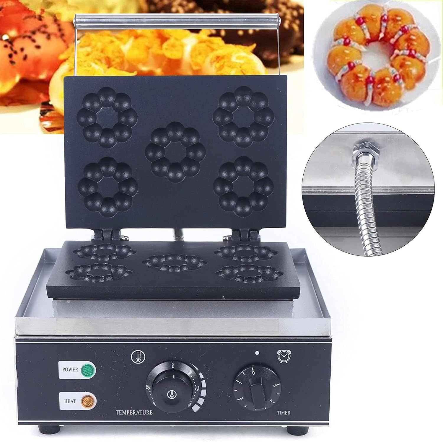 Waffle Maker Commercial Plum Flower Electric Doughnut Maker - 5-Holes Non-Stick Waffle Donut Machine with Temperature/Time Control for Bakery, Restaurants, Snack Bars