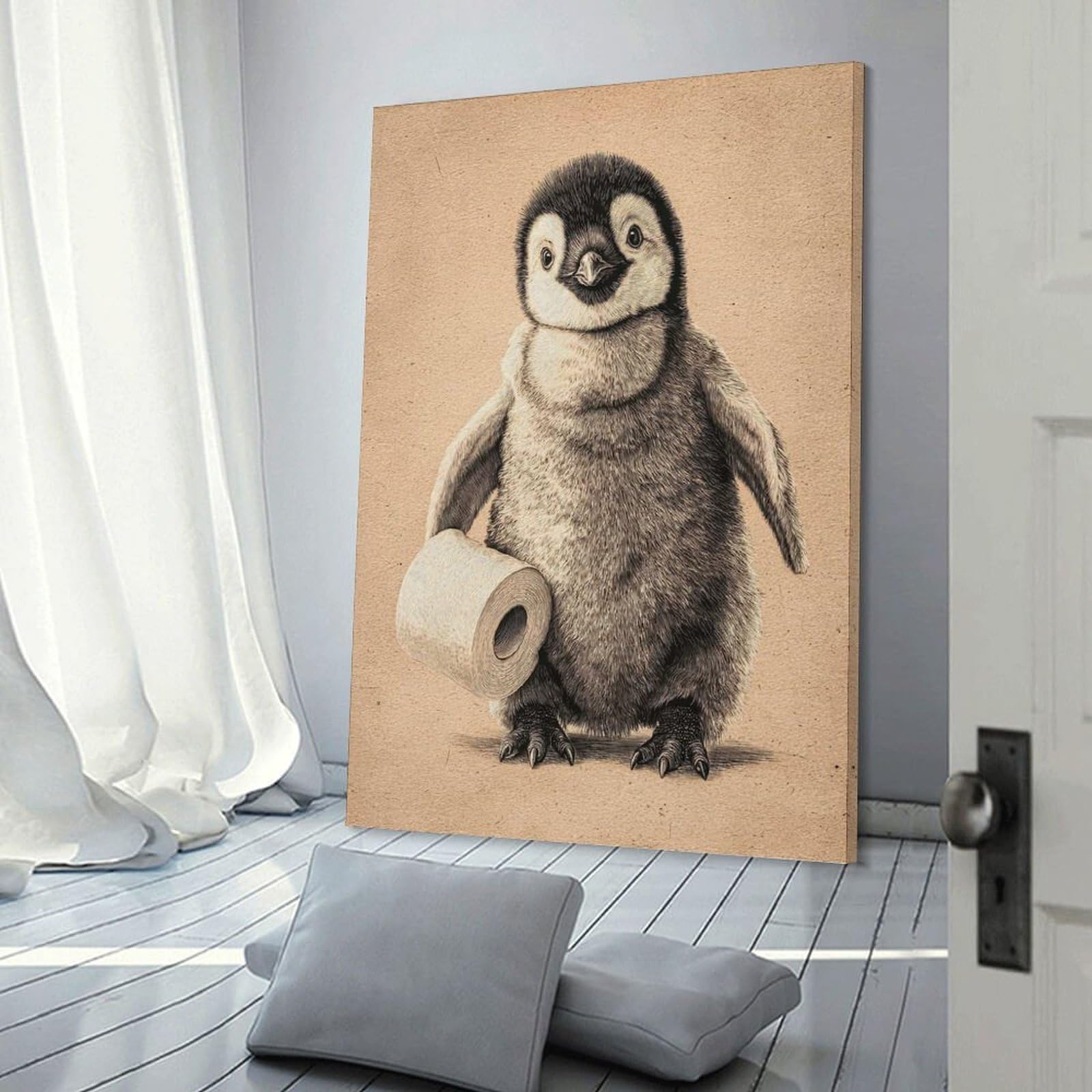 Junmoney Cute Penguin Holding Toilet Paper Canvas Wall Art, 20x30inch(50x75cm), for Bedroom Decor, Cosy Corners Or Studios, Stylish Decor for A Restful Room Update