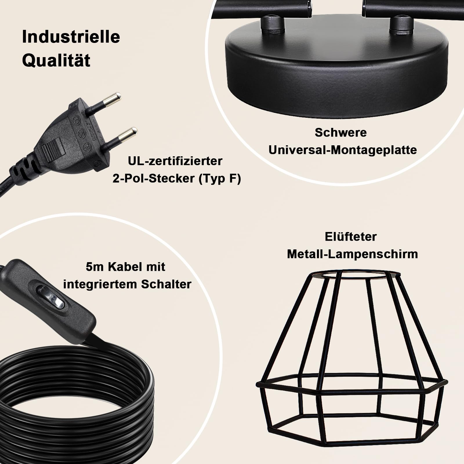 HiBay Deckenstrahler mit Schalter E27 6 Flammig Wandleuchte mit Stecker und Kabel 5M Drehbare 350° Deckenlampe Schwarz Max.60W Ohne Leuchtmittel | Deckenspots mit Kabel 5M Drehbare 350° mit Stecker 230V für Wohnzimmer Schlafzimmer Max. 60W Ohne Leuchtmitt