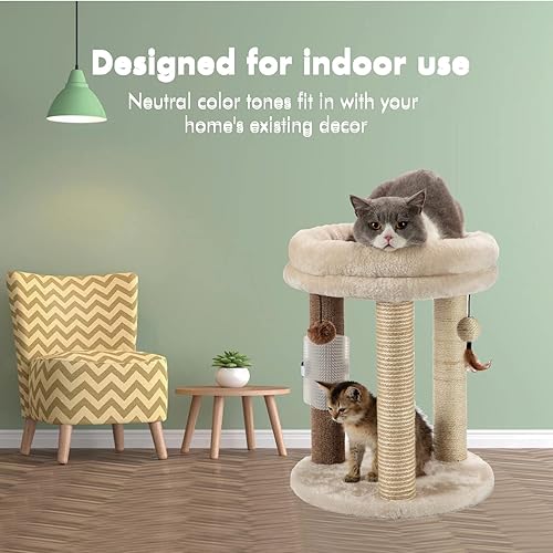 Miniatura 5 de MECOOL Árbol pequeño para gatos 4 en 1, poste rascador con cama suave para gatos, postes de yute para alfombras de sisal con tres juguetes de bola