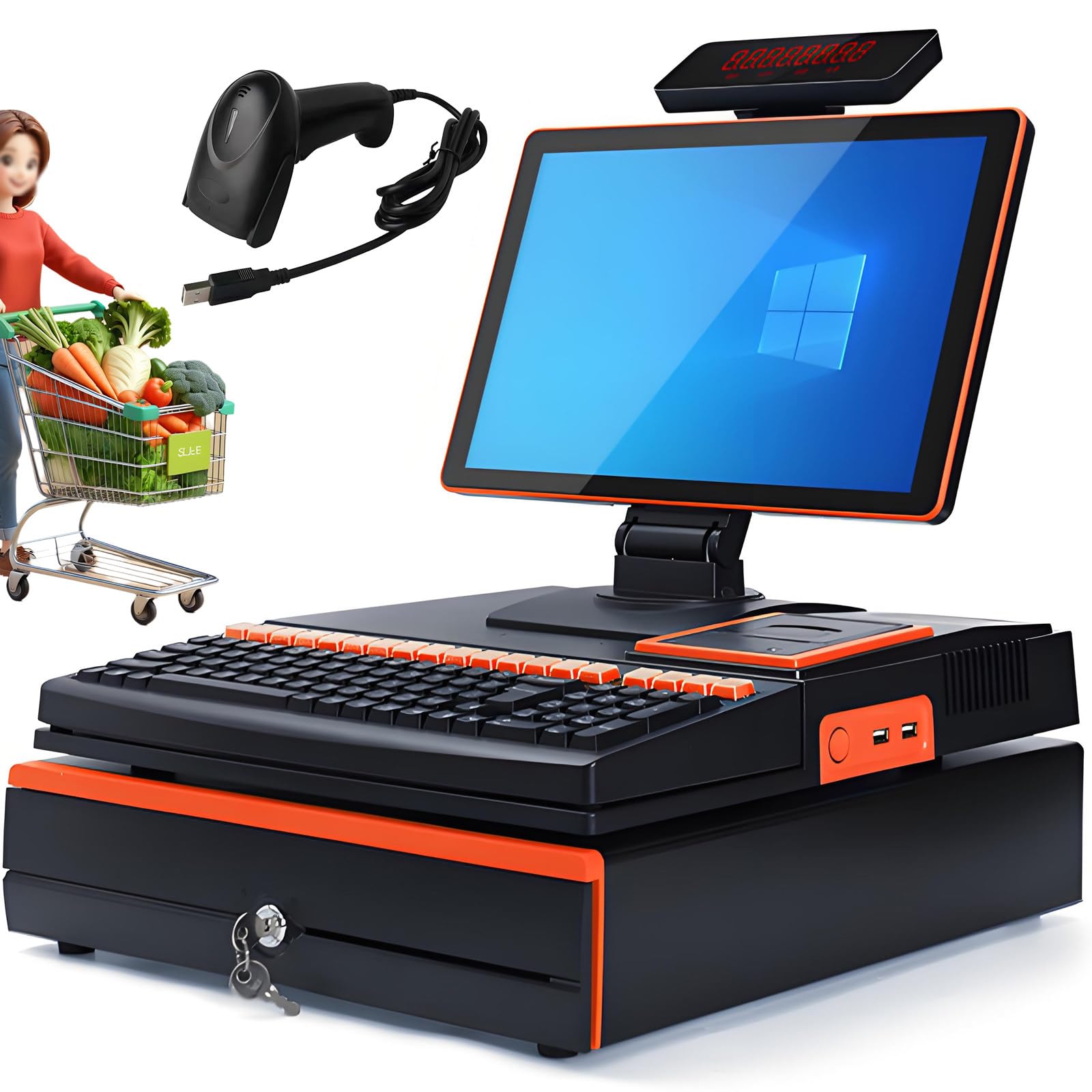 Pack Caisse Enregistreuse Tactile pour Petit Commerce, écran Tactile 15,6 Pouces, CPU I5, 8 GB RAM, 128 GB SSD, Windows 10, Imprimante, Tiroir-Caisse, Lecteur de Codes-Barres Orange