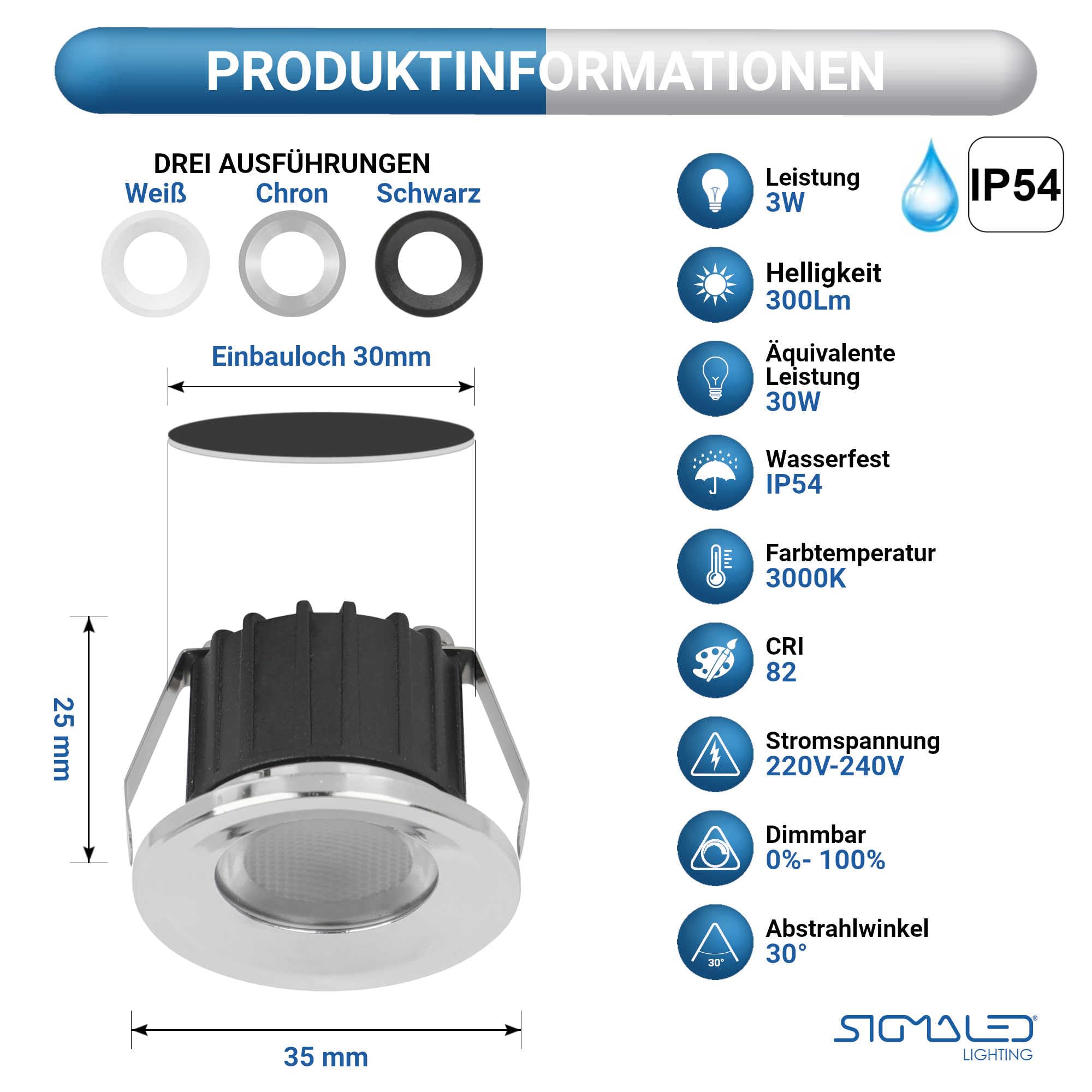 SIGMALED LIGHTING, Mini-LED-Einbaustrahler 3W, Spritzwassergeschützt für den Außenbereich, dimmbar, Warmweiß 3000K, 300 Lumen, IP54 Runde Einbauspot, 220V / 230V AC, 2er-Pack (1 Box mit 2 Stuck)