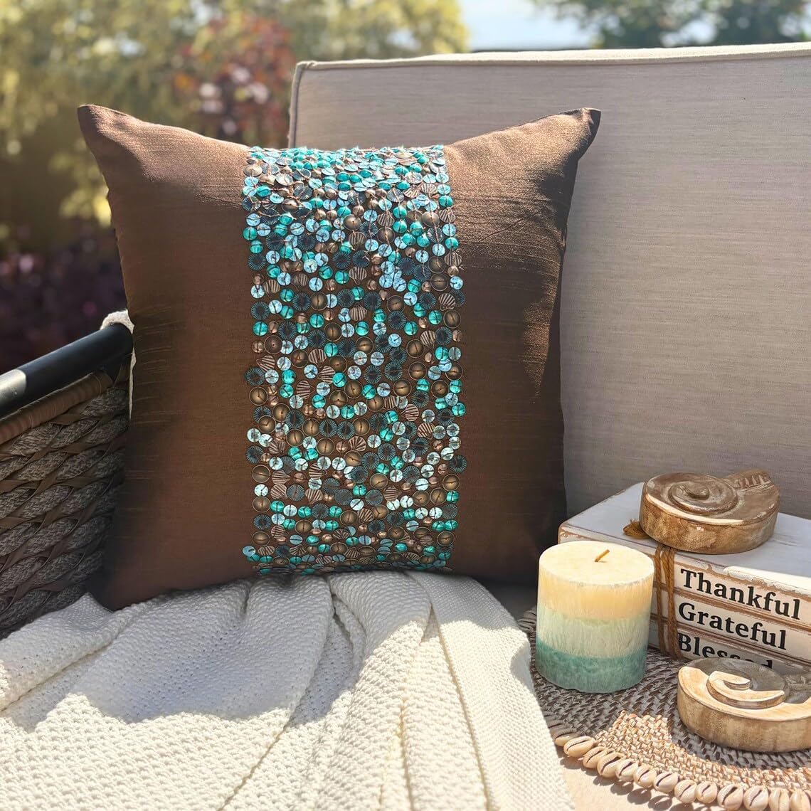 The HomeCentric Cushion Cover, Brown Decorative Pillow Covers 16x16 inch (40x40 cm) Silk Throw Pillows for Couch, Circles & Dots, Sequins Embellished, Modern Accent Throw Pillows - Cocoa & Turq
