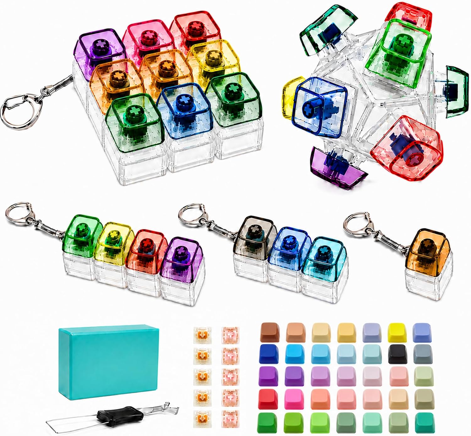 Keyboard Fidget Toy 5 Pack, Clicky/Creamy/Silent Sounds, 64 Keycaps