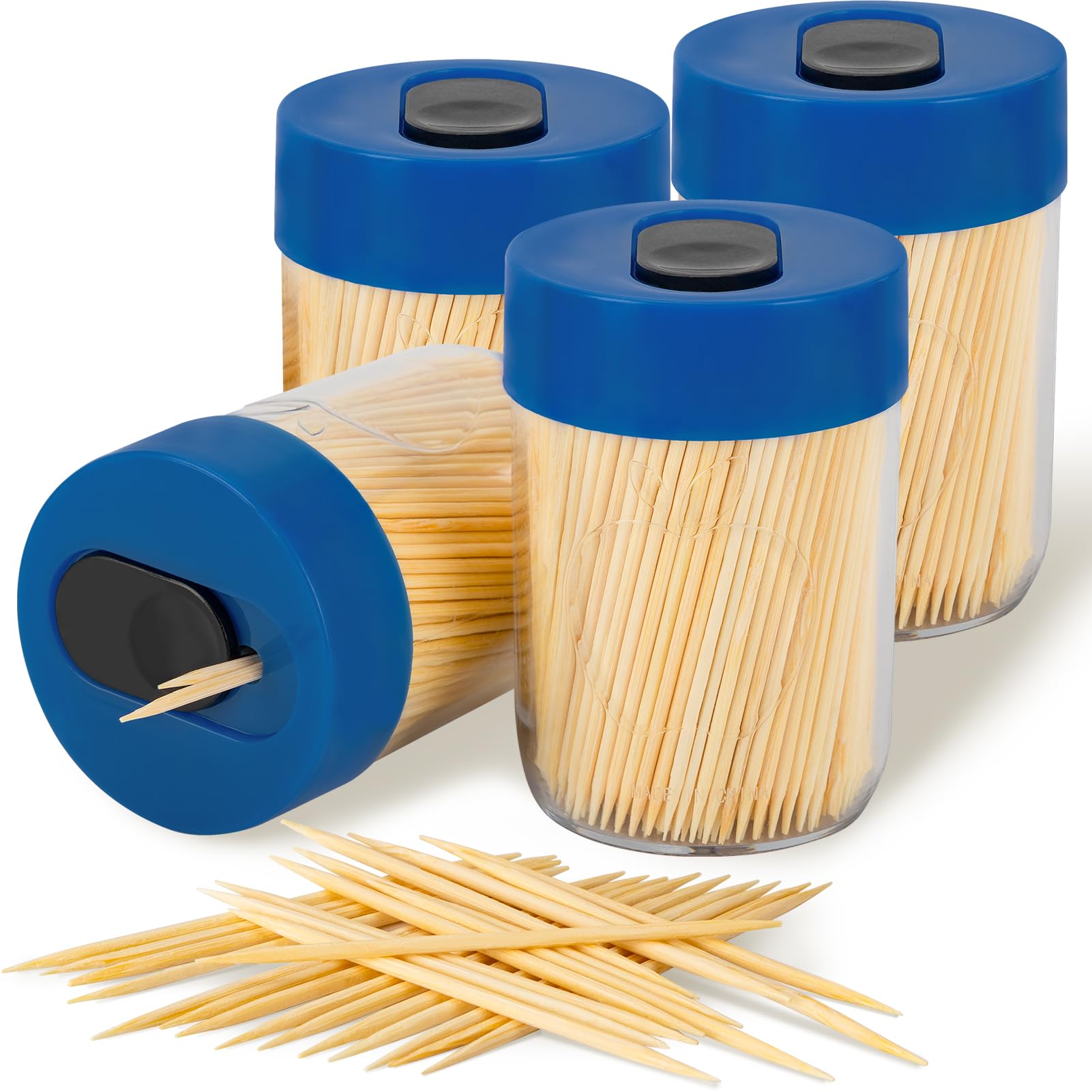 Urbanstrive Sturdy Safe Toothpick Holder with Natural Wood Toothpicks for Teeth Cleaning, Unique Home Design Decoration, Unusual Gift (4, Blue)