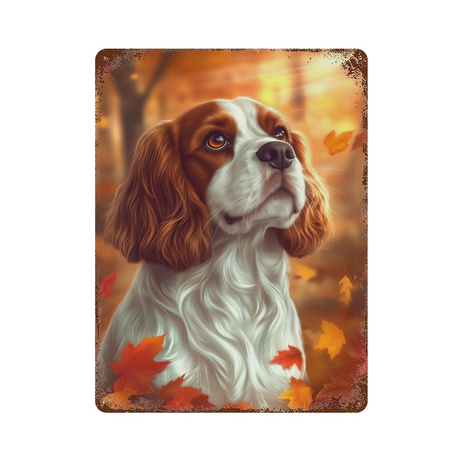 Rust Effect Tin Sign Cavalier King Charles Spaniel Autumn Portrait 15.7"x11.8", Vintage Wall Decor for Living Room, Hallway And Home Decor