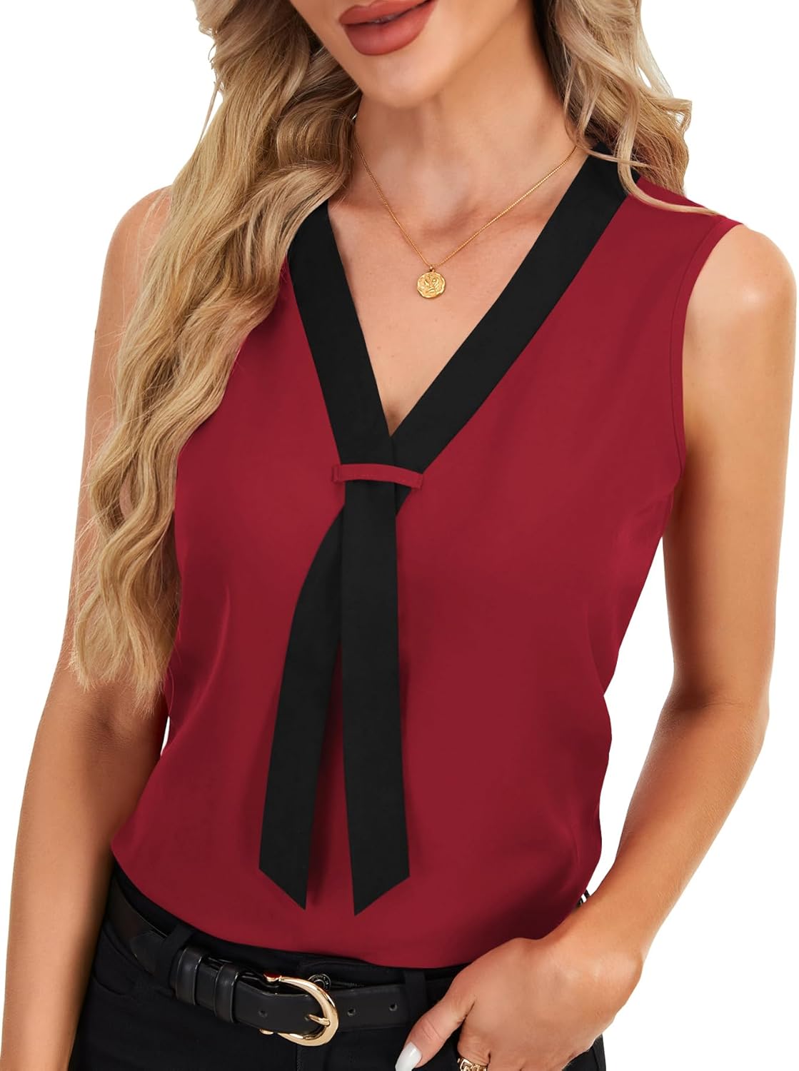 Rooscier Women's Colorblock V Neck Sleeveless Loose Fit Office Blouse Tank Top Shirt - Image 2