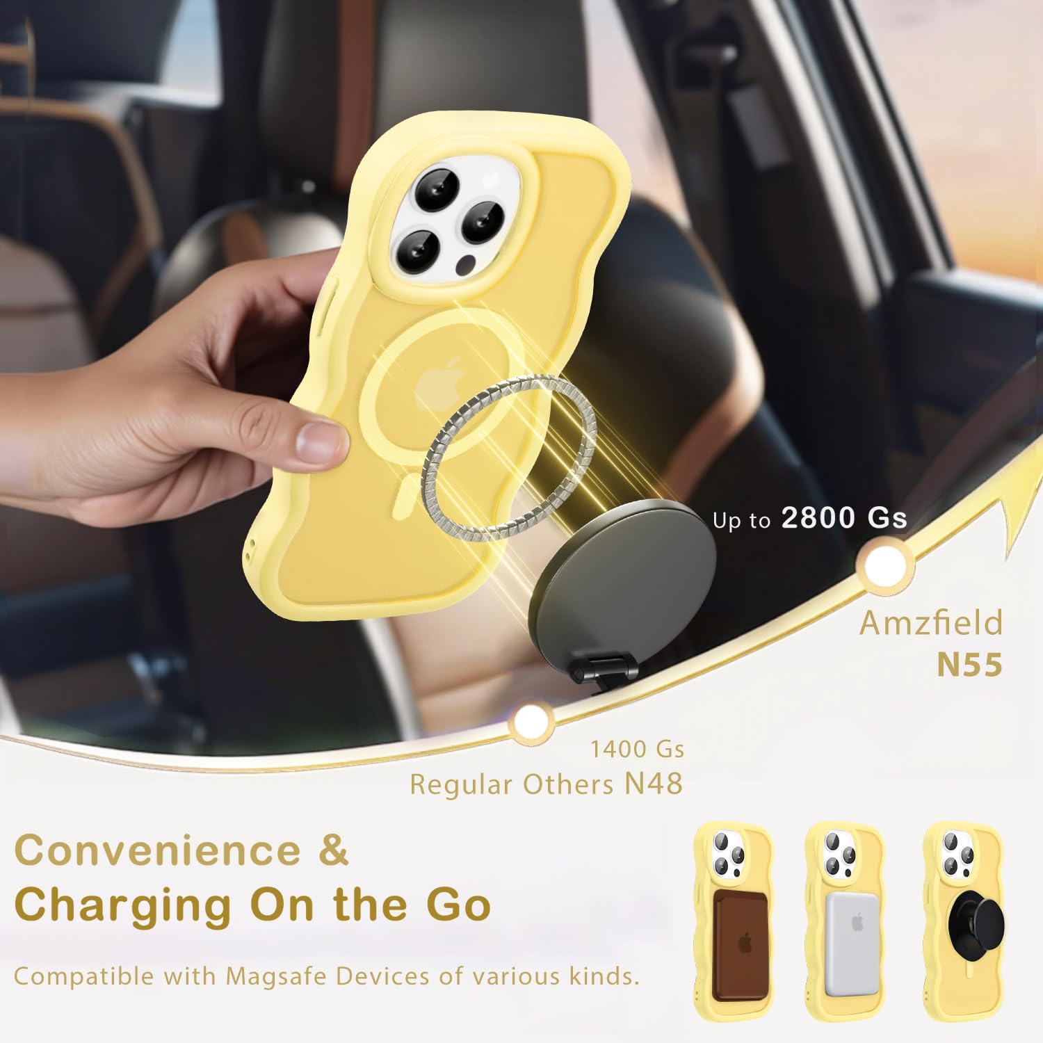 Magnetic for iPhone 14 Pro Case, Compatible with Magsafe Wavy Frame Cute Translucent Matte Hard Back Silicone Bumper Shockproof Phone Case for iPhone 14 Pro Women Girls, Yellow - Image 2