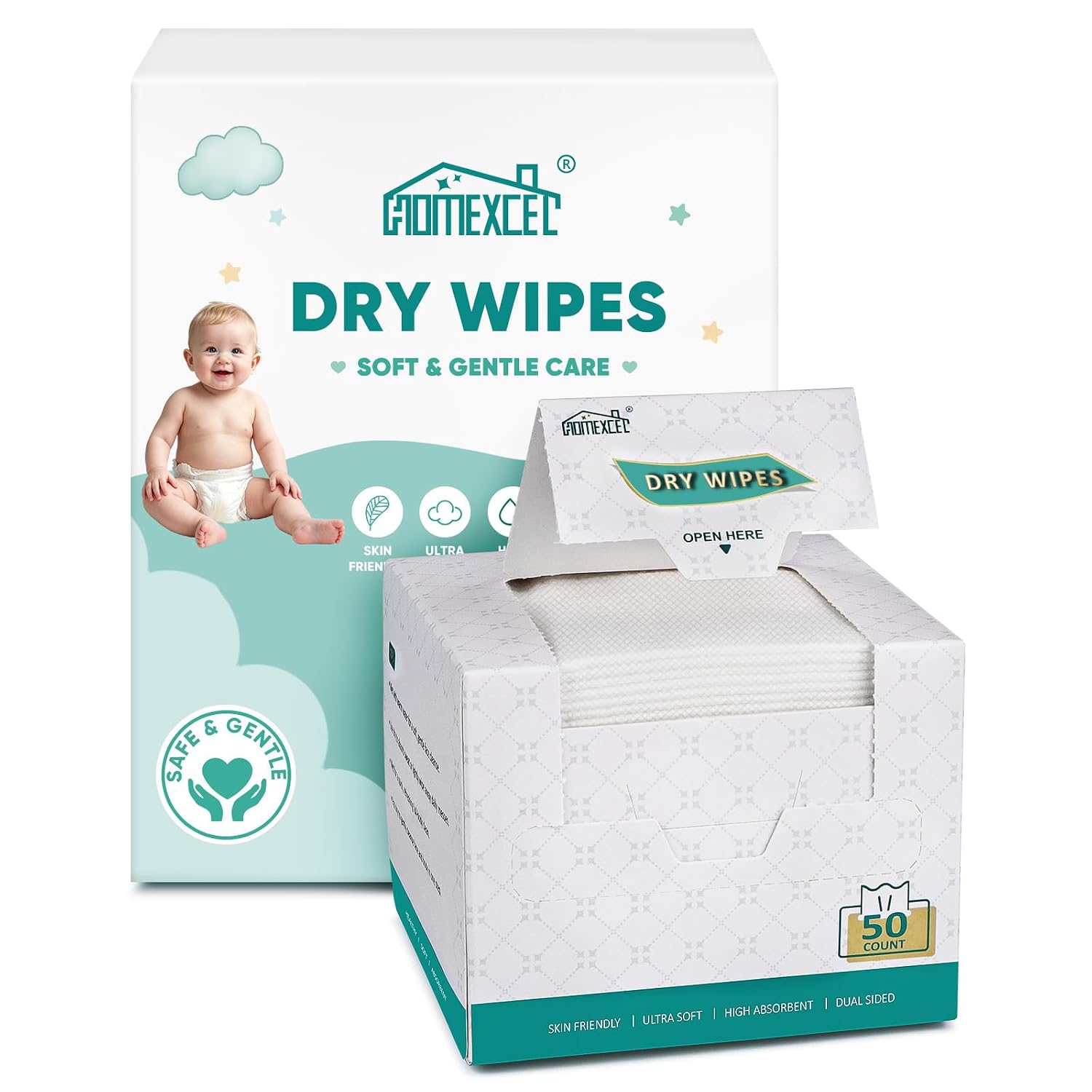 HOMEXCEL Baby Dry Wipes 50 Count, All-Purpose Wipes for Use Dry or Wet Use