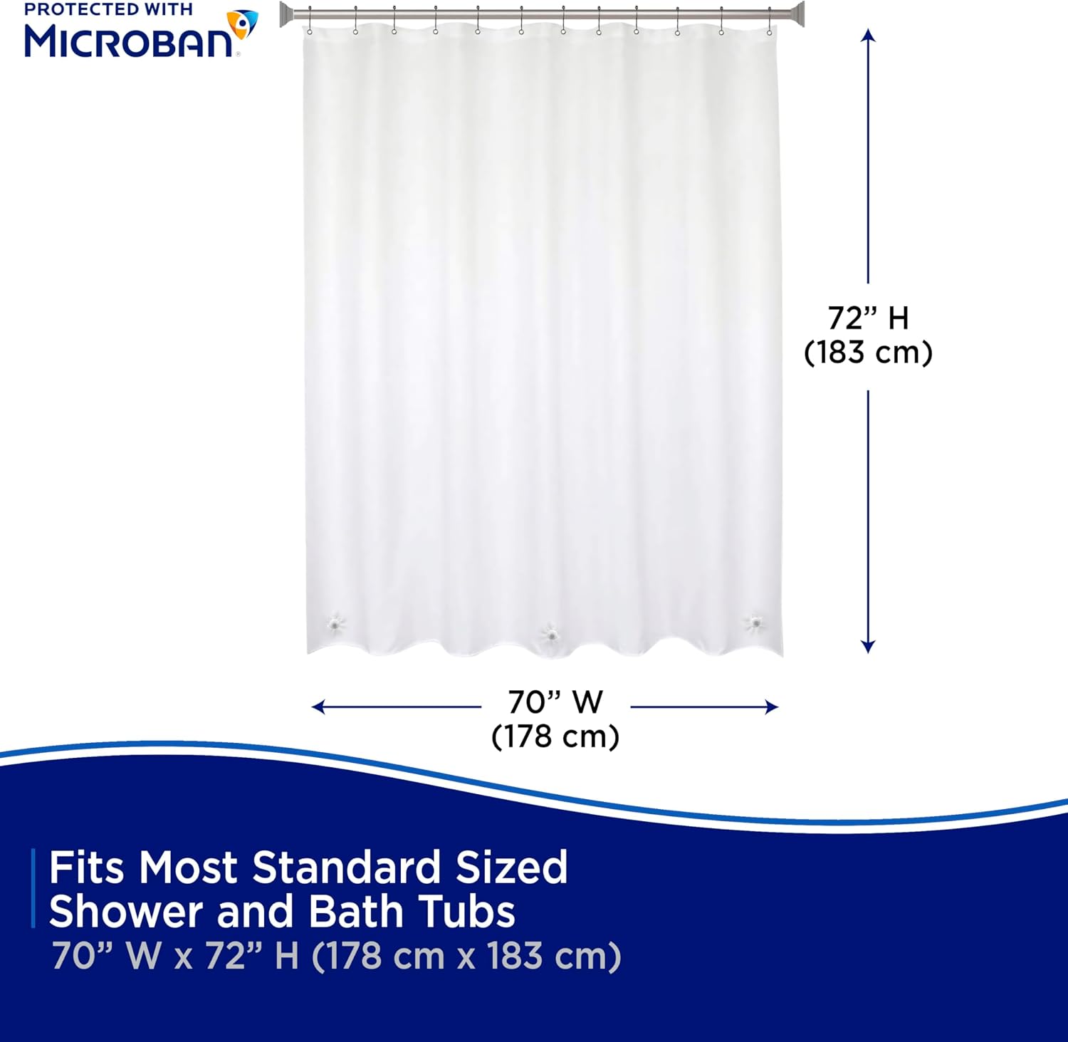 Kenney - Microban PEVA Shower Curtain Liner, Waterproof Medium-Weight 8 Gauge Design with Rust-Resistant Metal Grommets and Weighted Magnetic Hem, 70" x 72", White