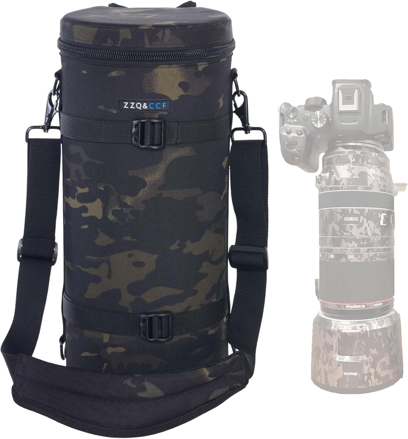ZZQ&CCF Camera Lens Pouch Bag for Canon RF100-500mm F4.5-7.1 L is USM Lens, Large Thick Lens Carry Bag, Water Resistant Protective Case for Super-telephoto Zoom #Black Camo