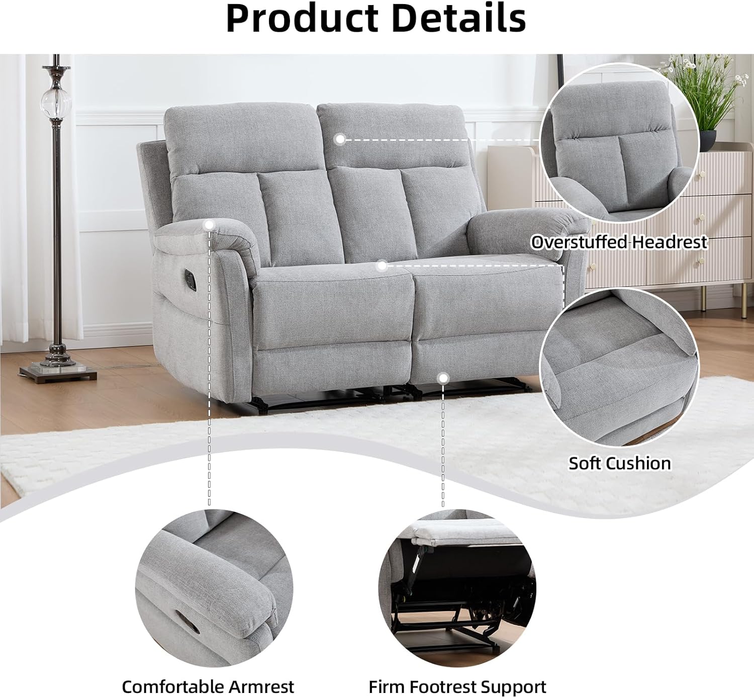 IOMOR Manual Reclining Loveseat, Soft Fabric Loveseat Recliner Couch for Adults with Overstuffed Arms and Back, Double Sofa Recliner for Living Room (Light Gray)