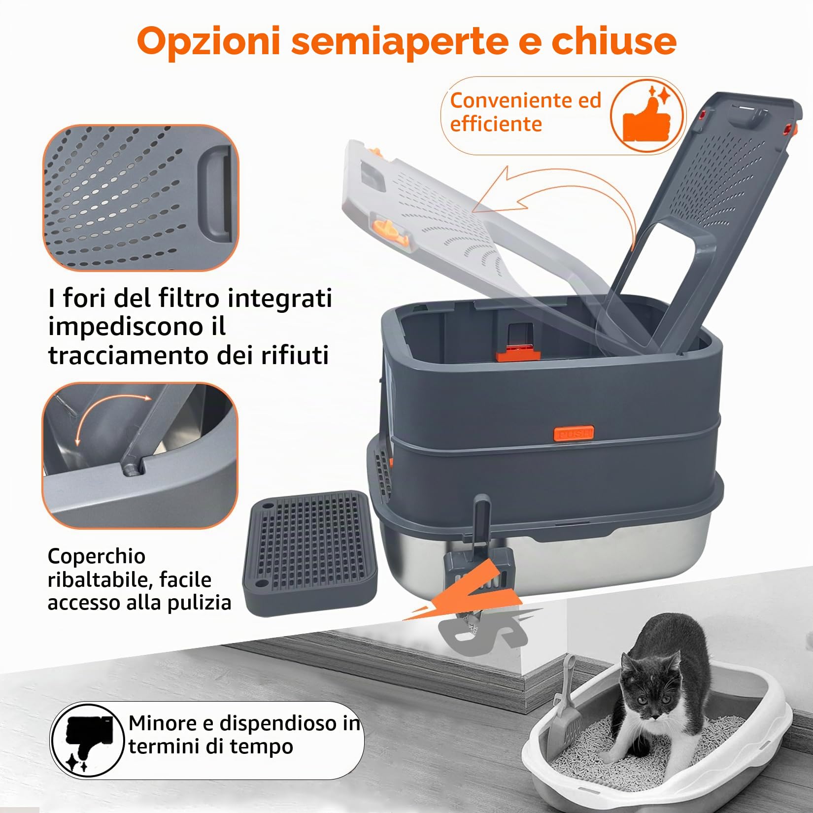 BingoPaw Acciaio Inox Lettiera per Gatti Chiusa Antiodore, Facile da Pulire | XXL Toilette per Gatti Aperto 3 in 1 per gatti di peso inferiore a 10 kg, con Paletta, Antiaderente