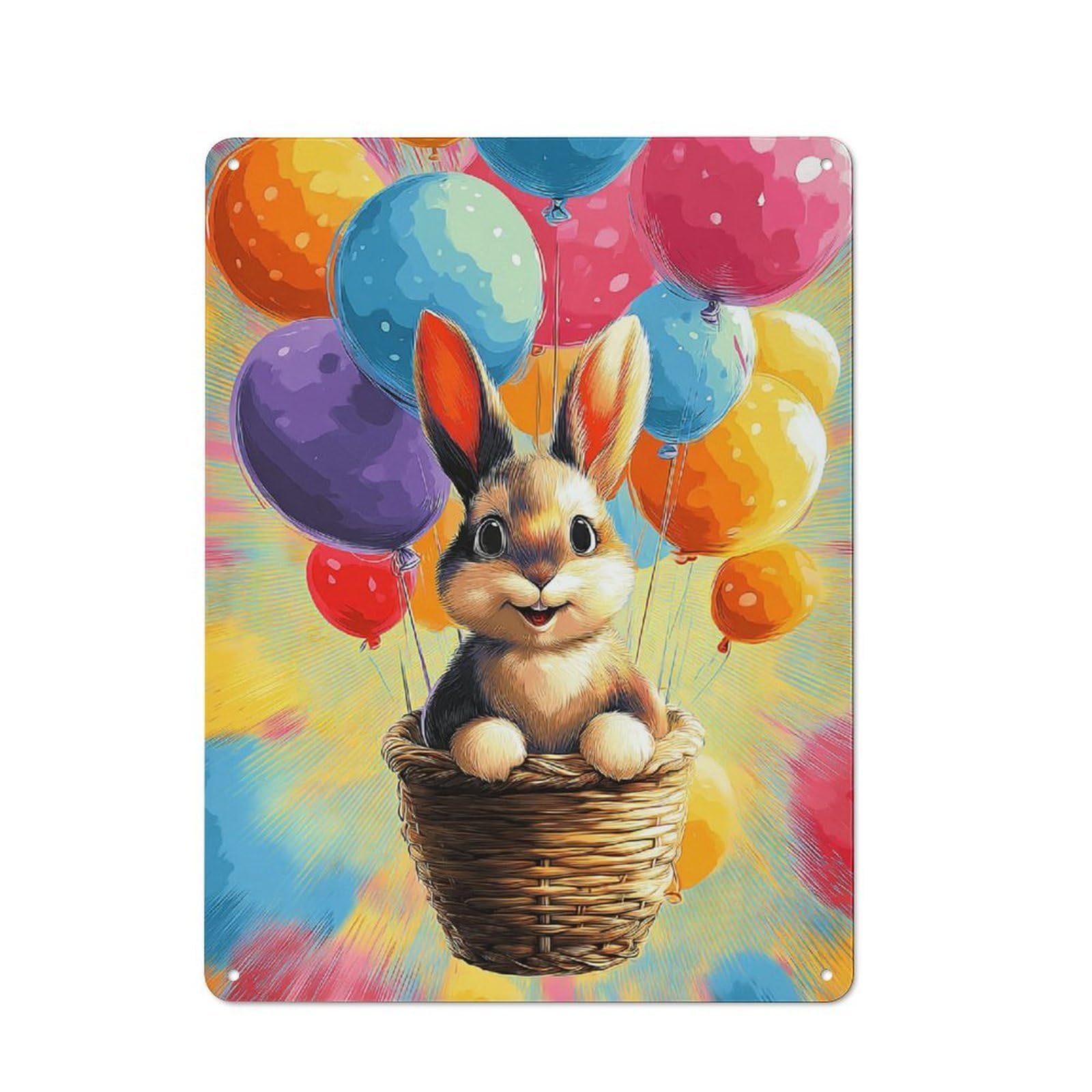 Junmoney Bunny Floating With Balloons 40X30cm Retro Tin Sign With For Living Room Or Hallway, A Decorative Metal Sign For Living Rooms And Hallways