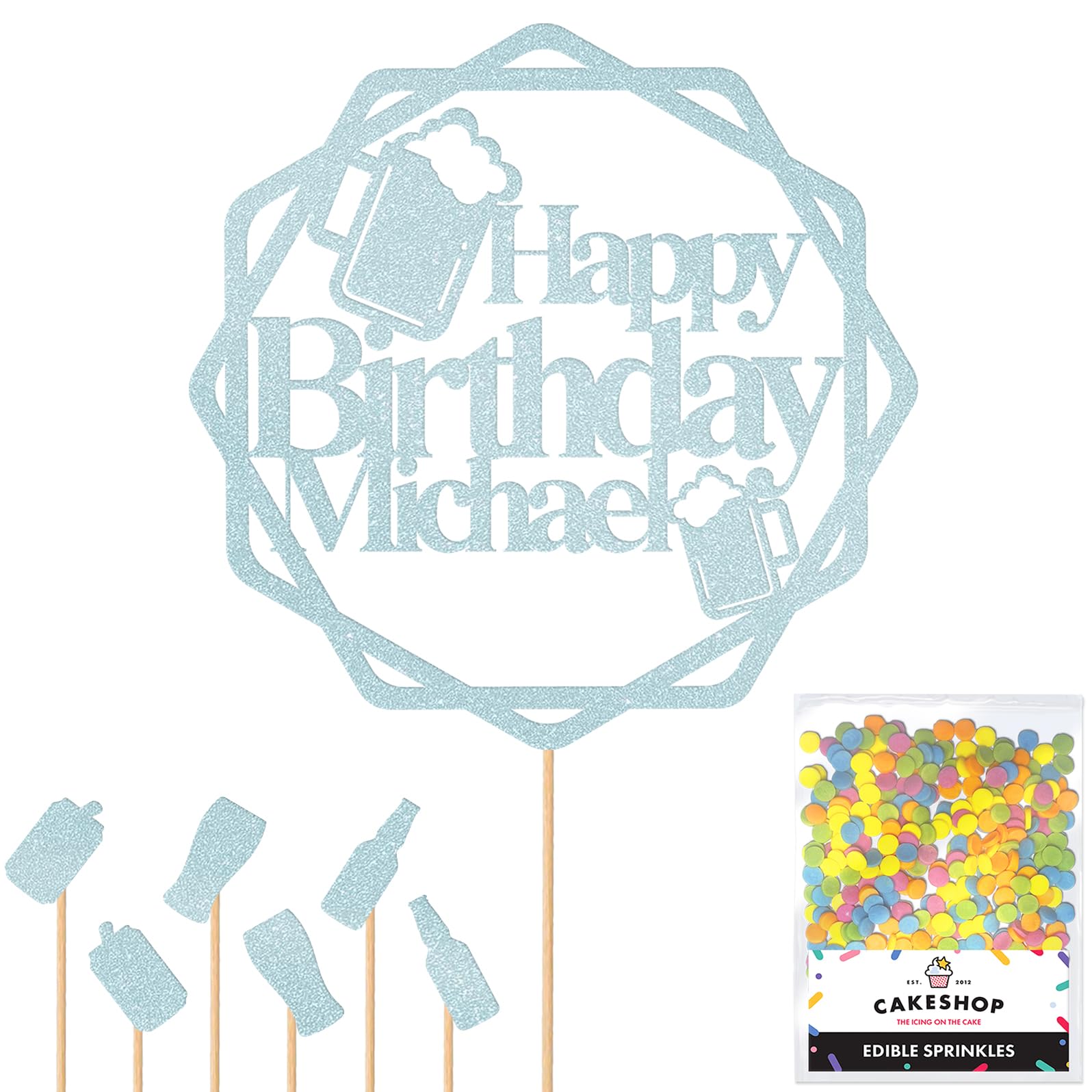 Personalised Cheers Lager Ale Beer Glitter Cake Topper - Light Blue Custom Age Glitter Cake Decoration and Sprinkles - Happy Birthday Decorations - Personalised Toppers for Cakes by Cakeshop — image 1