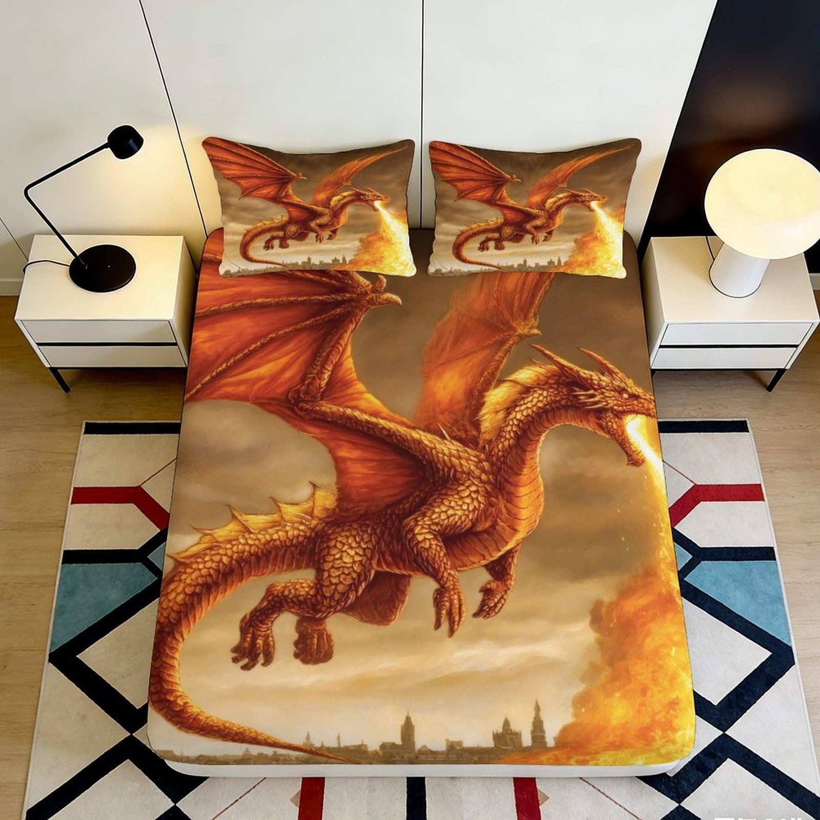 3D Printed Fiery Dragon Fitted Sheet Microfiber Soft Breathable Medieval City Bed Cover for Bedroom Decor 90x200x25cm