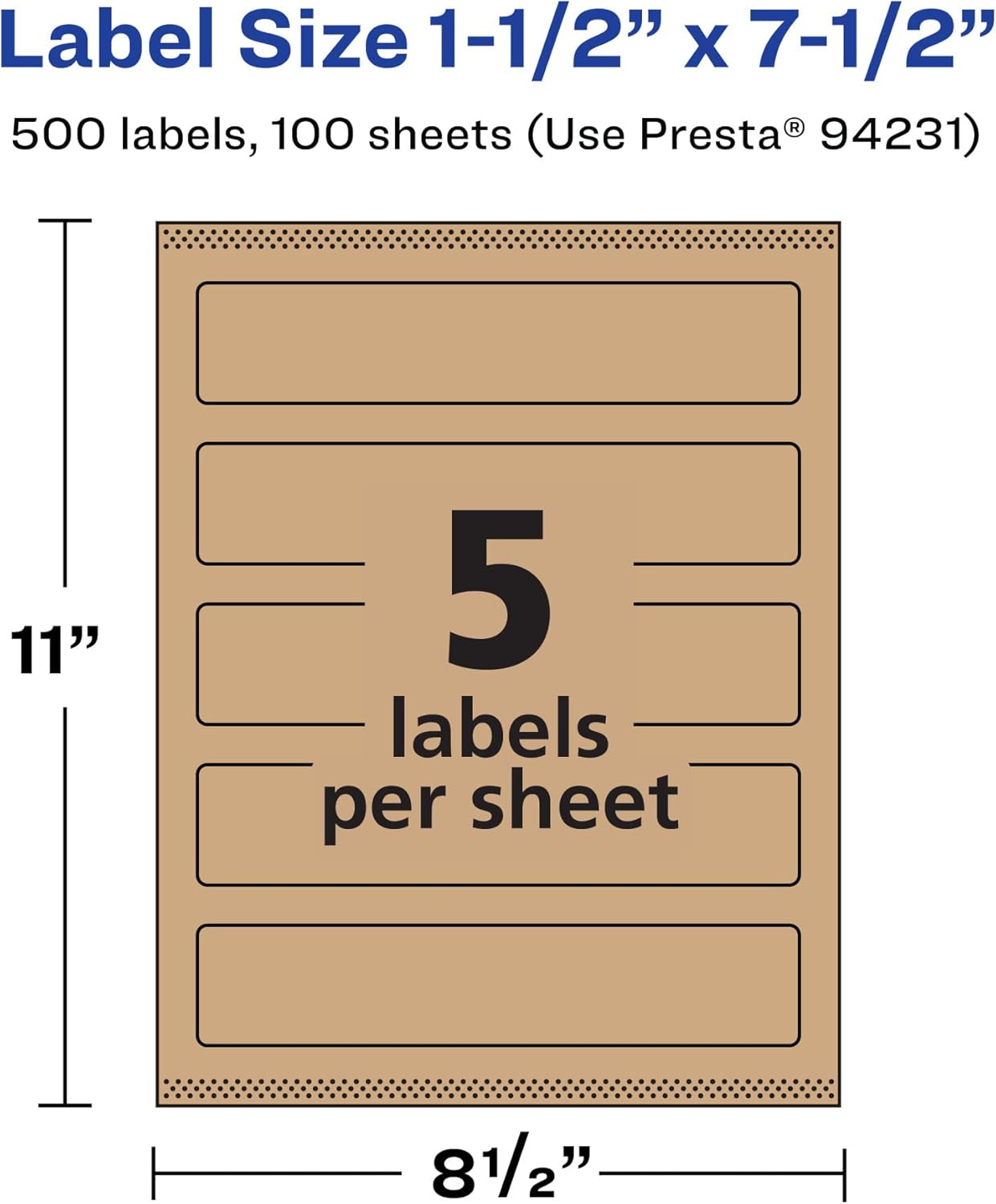 Avery Kraft Brown Rectangle Labels, Sure Feed Technology, 1.5" x 7.5", 500 Kraft Brown Labels, Print-to-The-Edge, Laser/Inkjet Printable