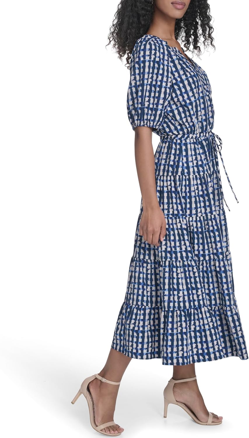Calvin Klein Women's Short Balloon Sleeve Split Neck Tiered A-line Midi Dress