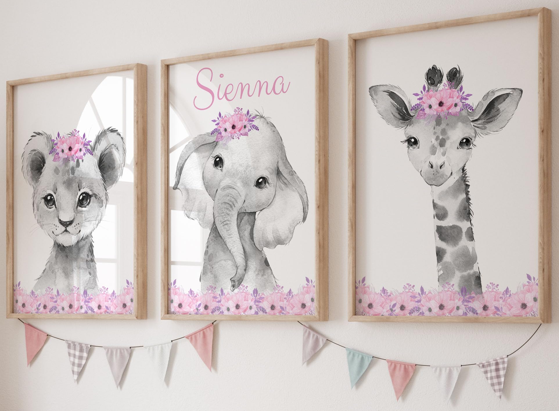 Safari Animals Girls Nursery Bedroom Unframed Set of 3 Poster Prints, Personalised Name Pink or Purple Flowers Wall Art Decor New Baby Gift Present, Giraffe Elephant Lion (A5) — image 1