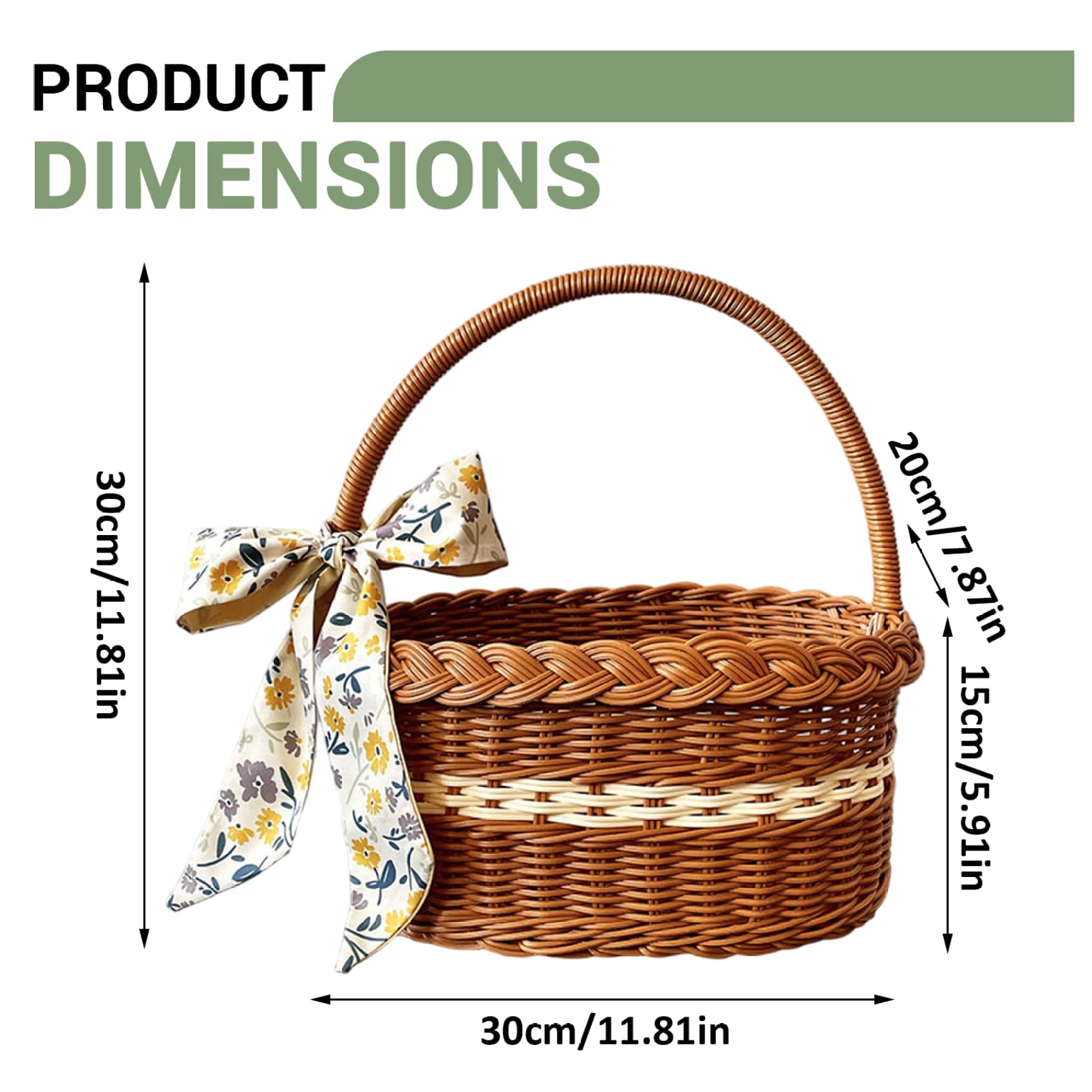 Cesto di vimini con manico, cestino in vimini con manico, grande, portatile, in rattan, picnic, con sciarpa, design vintage, cestino intrecciato per picnic, uova di Pasqua, fiori all'aperto