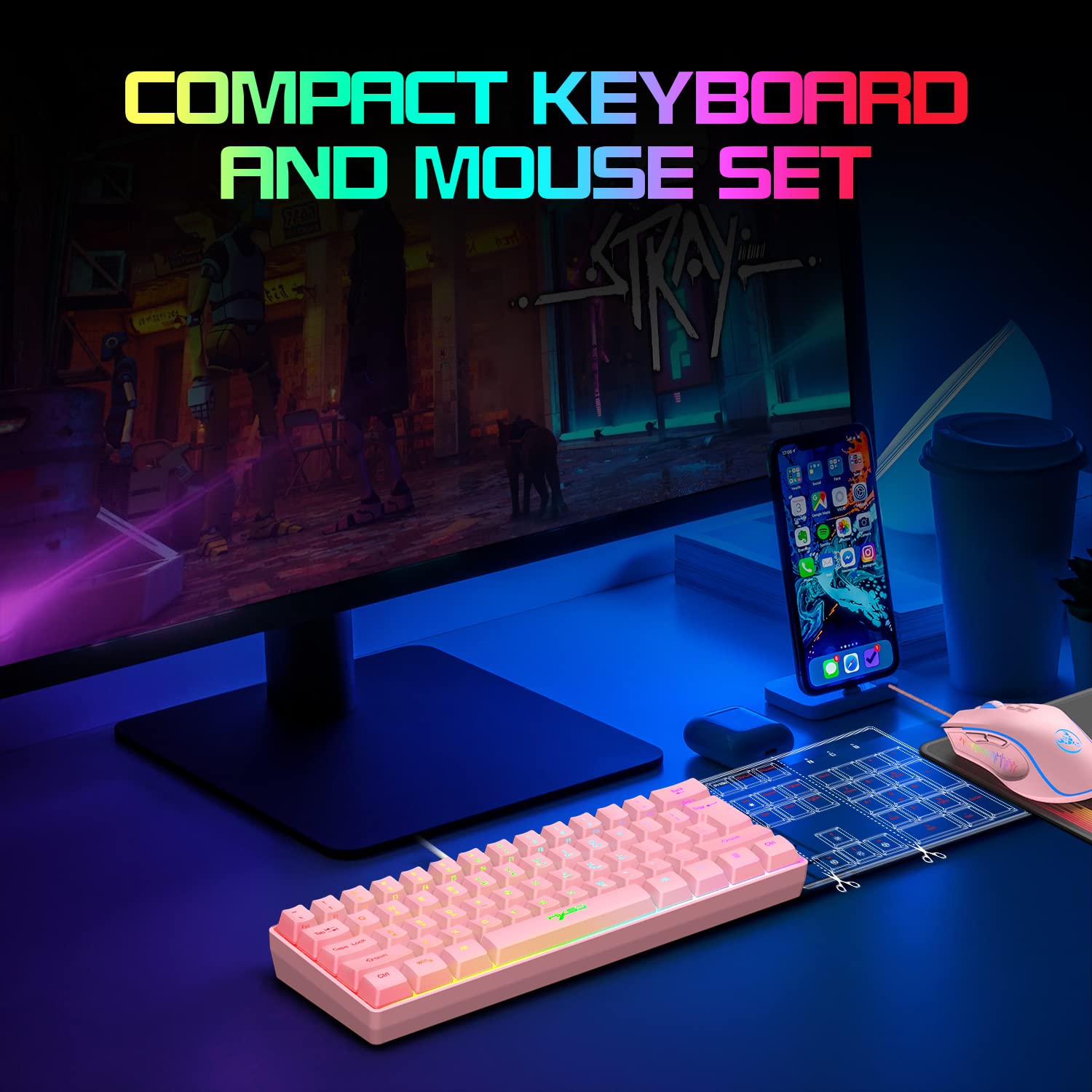 HXSJ V700 Teclado y Ratón para Juegos,Teclado para Juegos 60%,US Layout,Diseño Compacto de 61 Teclas,Retroiluminación RGB,Ratón con Sensor óptico,Luz LED de Colores,hasta 3600 dpi,para PC,Mac -Rosa
