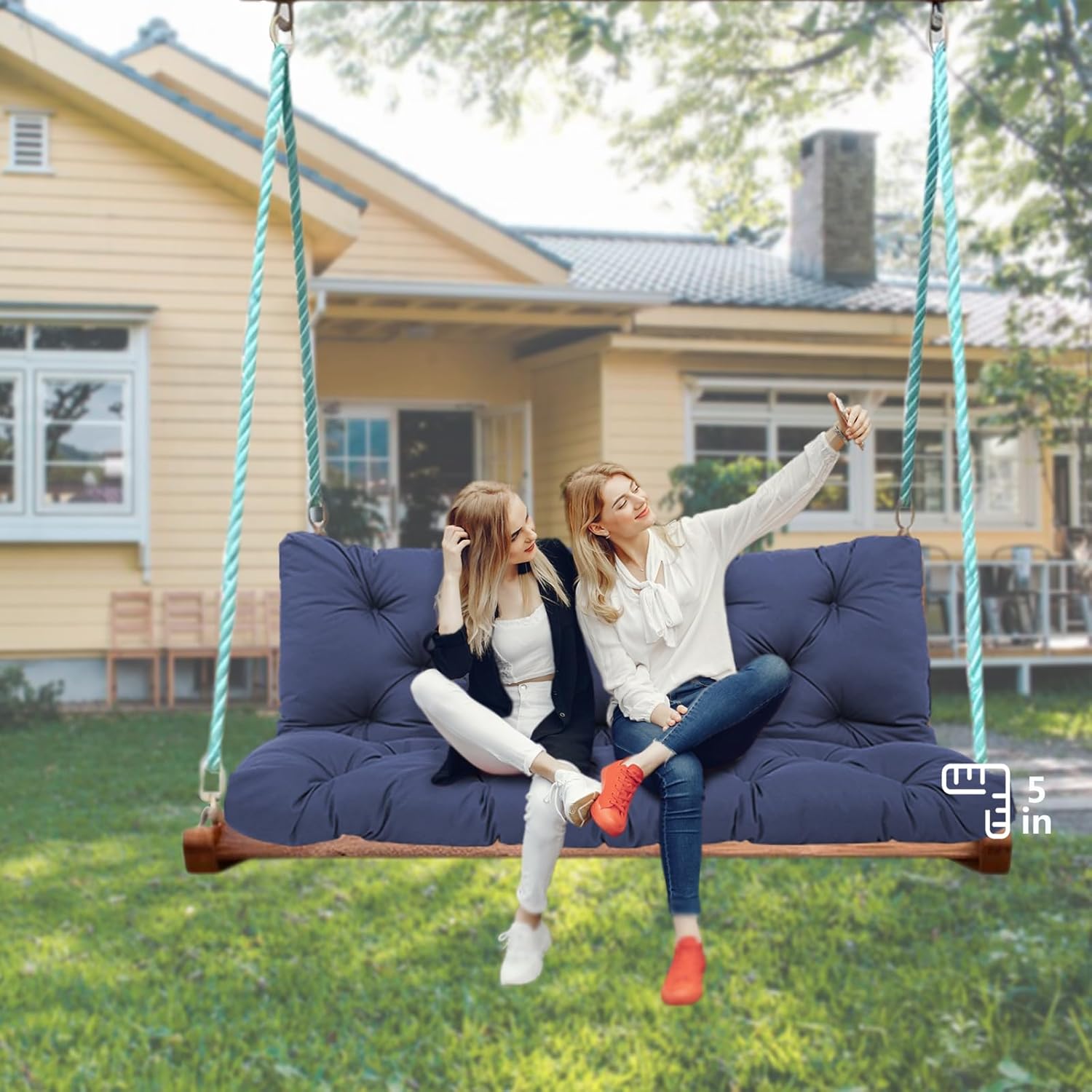 3 Seat Swing Cushion Replacement Waterproof Porch Swing Cushions Outdoor 60 inch with Backrest Bench Cushion with Ties Swing Cushion for Outdoor Patio Swing Furniture Garden(Navy Blue-60x40x5inch) Navy Blue 60inchx40inch