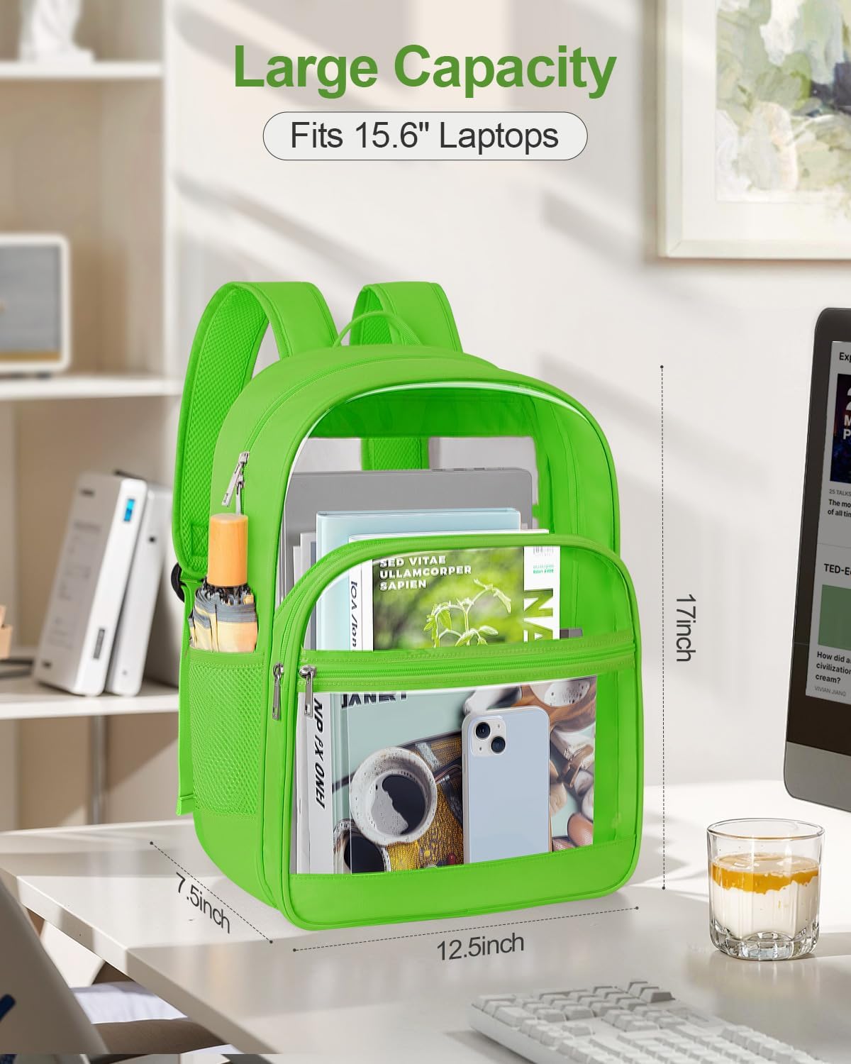 Clear Backpack, Heavy Duty Transparent Bookbag for School, Fabric & PVC Transparent Backpack with Reinforced Strap for Women Men, Capacity Clear Bag for College, Travel, Security, Green - Image 2