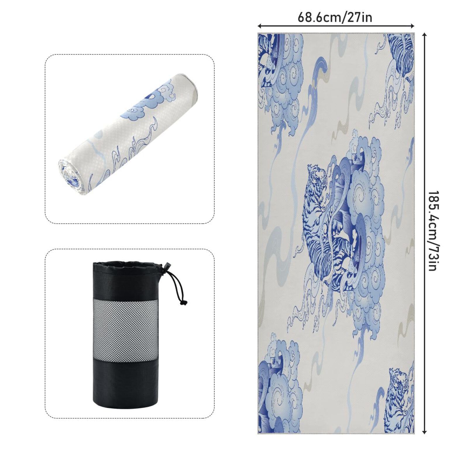 pnyoin Tiger Climbing with Cloud Yoga Towel,Hot Yoga Mat Towel with Grip Dots Sweat Absorbent Non-Slip for Hot Yoga, 24