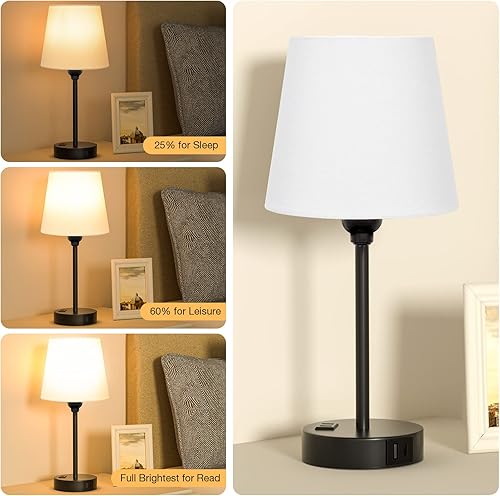 Miniatura 3 de Juego de 2 lámparas de noche blancas para dormitorio, mesita de noche con puerto USB C y carga de salida de CA, control táctil regulable de 3 vías,