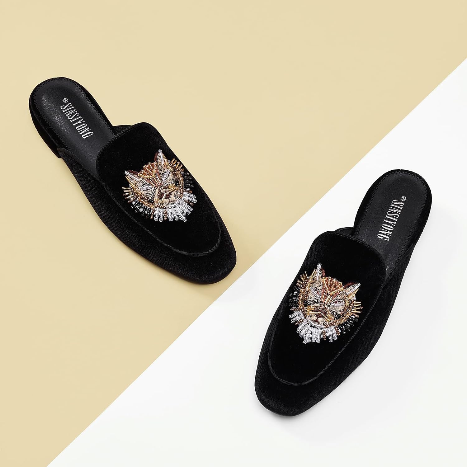 Embroidered Mules for Women Round Toe Backless Velvet Mules Lion Head Pattern Loafers - Image 4