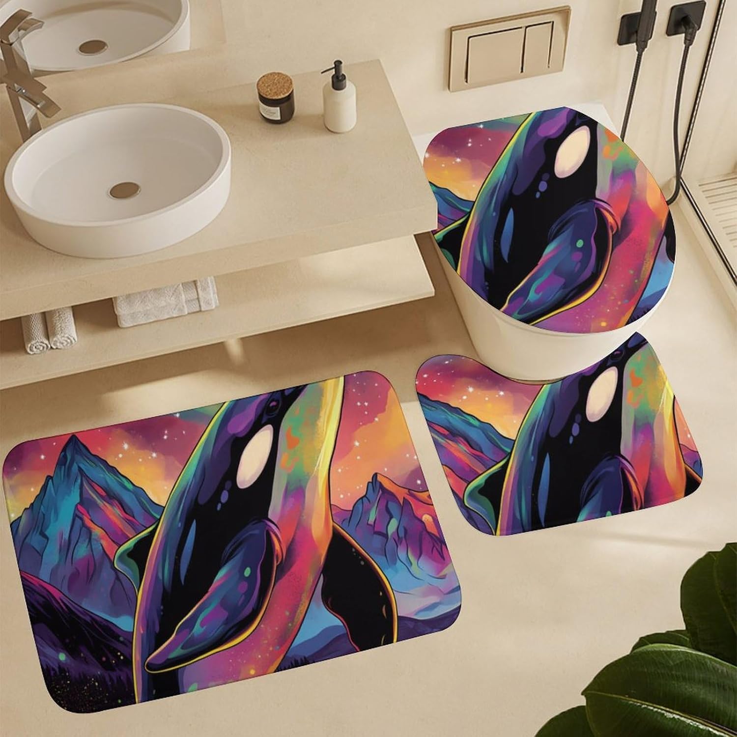 Fantasy Killer Whale Artistic Aurora Modern Bathroom Sets with Shower Curtain and Rugs Decor 4 Pcs with 12 Hooks