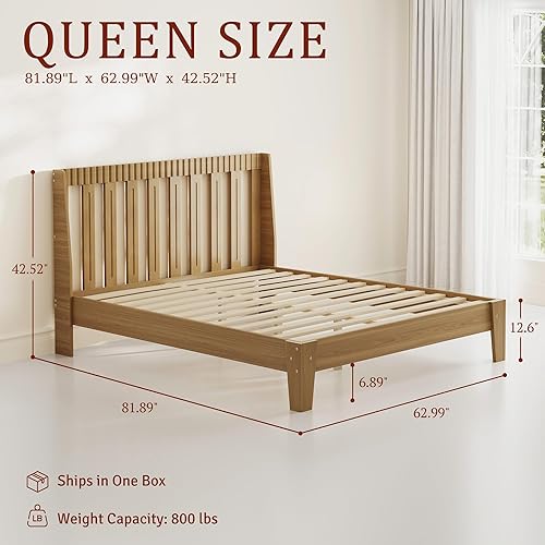 Miniatura 2 de Base de cama de madera tamaño Queen, cabecero alto acanalado con alas curvas, marco de cama de plataforma moderna de mediados de siglo con soporte