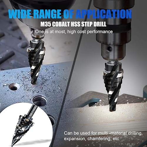 Miniatura 6 de Juego de brocas de cuatro espirales M35 escalones de 14 a 1 pulgada (3 piezas de 30 tamaños), vástago de 14 pulgadas para broca escalonada de metal,