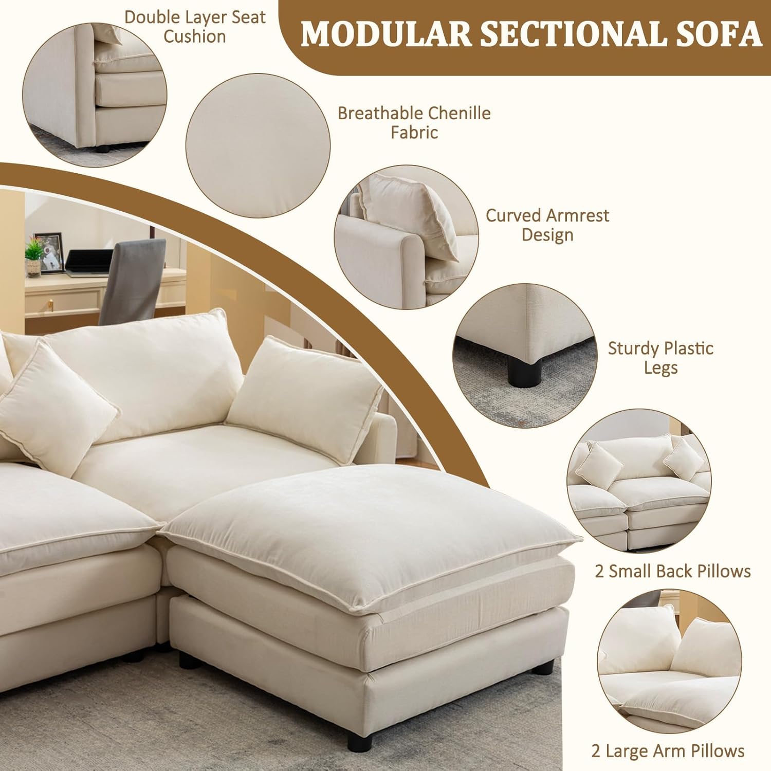 L-Shaped Modular Sectional Sofa, Deep 3-Seat Sofas with Moveable Ottoman, Comfy Modular Couch with Chenille Covers, Small Sofa Furniture for Living Room, Apartment, Studio, Office, White