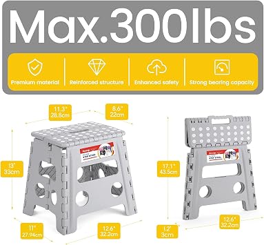 ACSTEP 13 Folding Step Stool, Non-Slip Foldable Stools for Adults, Gray | Heavy Duty Portable Collapsible Foot Stepping Stool, Holds 300 lb for Kitchen Bathroom Outdoor, Lightweight, Built-in Handle