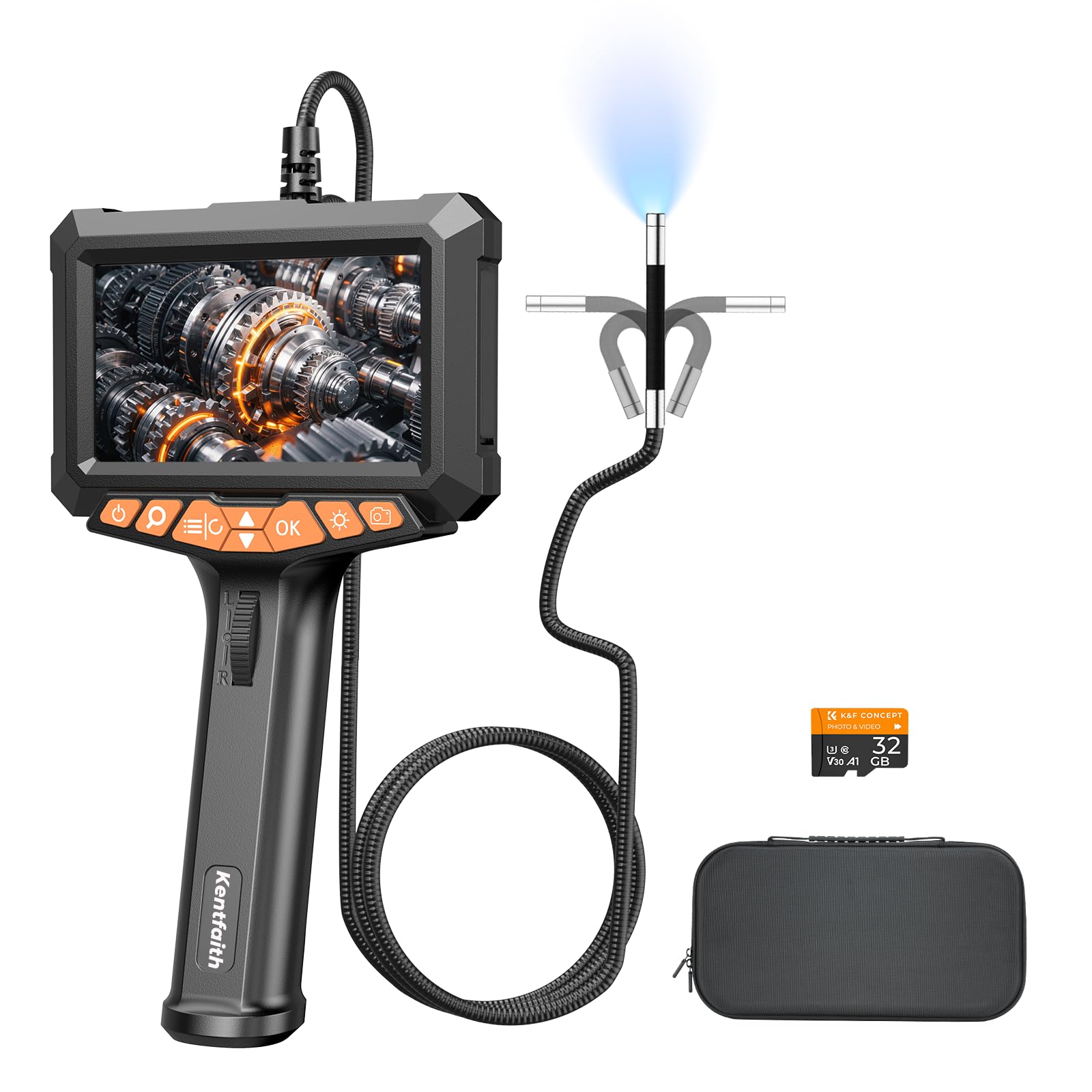 Kentfaith Endoskopkamera mit Licht 5'' Bildschirm 6,2mm IP67 für Auto Motor | Inspektionskamera mit 210° Drehbar, 5'' IPS, 1080P HD, 6,2mm dünne Sonde, 5000mAh Akku, IP67 Wasserdicht, 1,5m Kabel