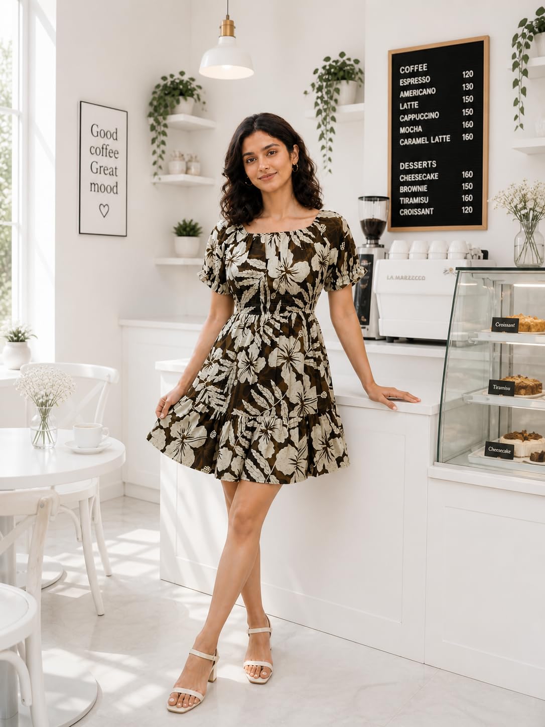 Women's Mehandi Floral Print Mini Dress, Puff Sleeve, Above Knee Length, Rayon, One Piece-picture-31