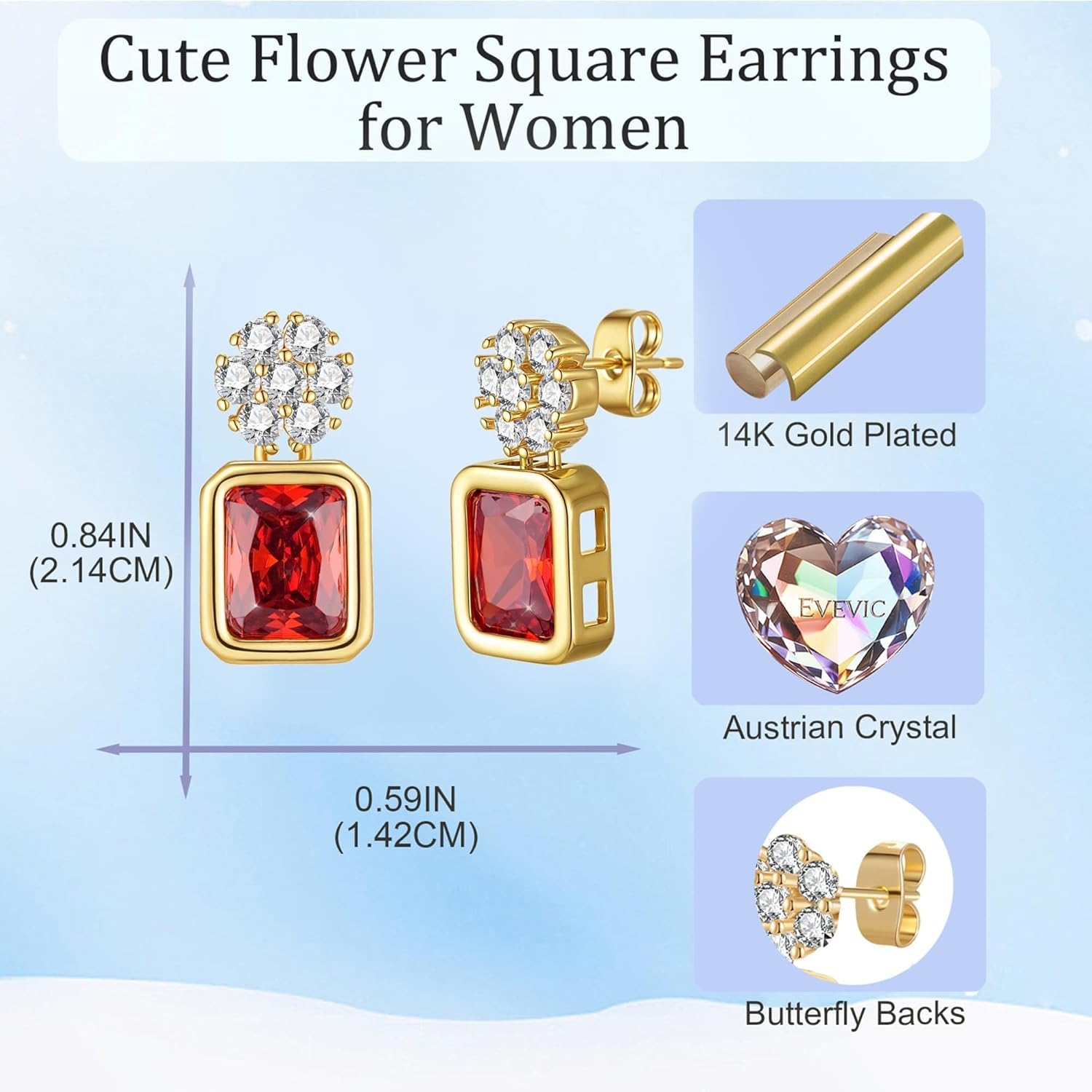 EVEVIC Austrian Crystal Square Drop Flower Studs Earrings for Women 14K Gold Plated Dangle Earring Jewelry Gifts - Image 5