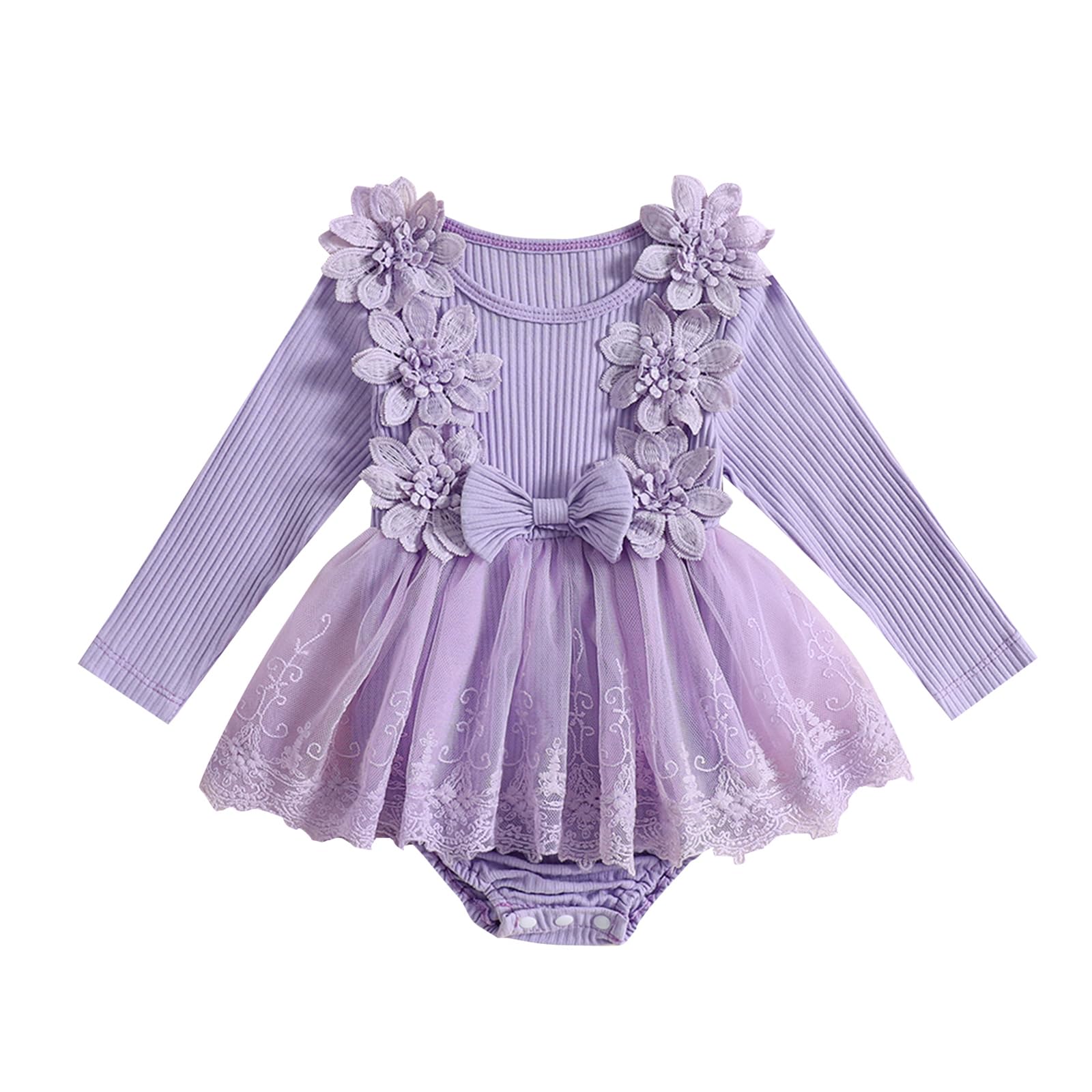 Hoanselay Newborn Baby Girl Romper Dress Floral Lace Mesh Dress Long Sleeve Ribbed Bodysuit Jumpsuit Infant Fall Winter Outfit (Purple, 6-12 Months)
