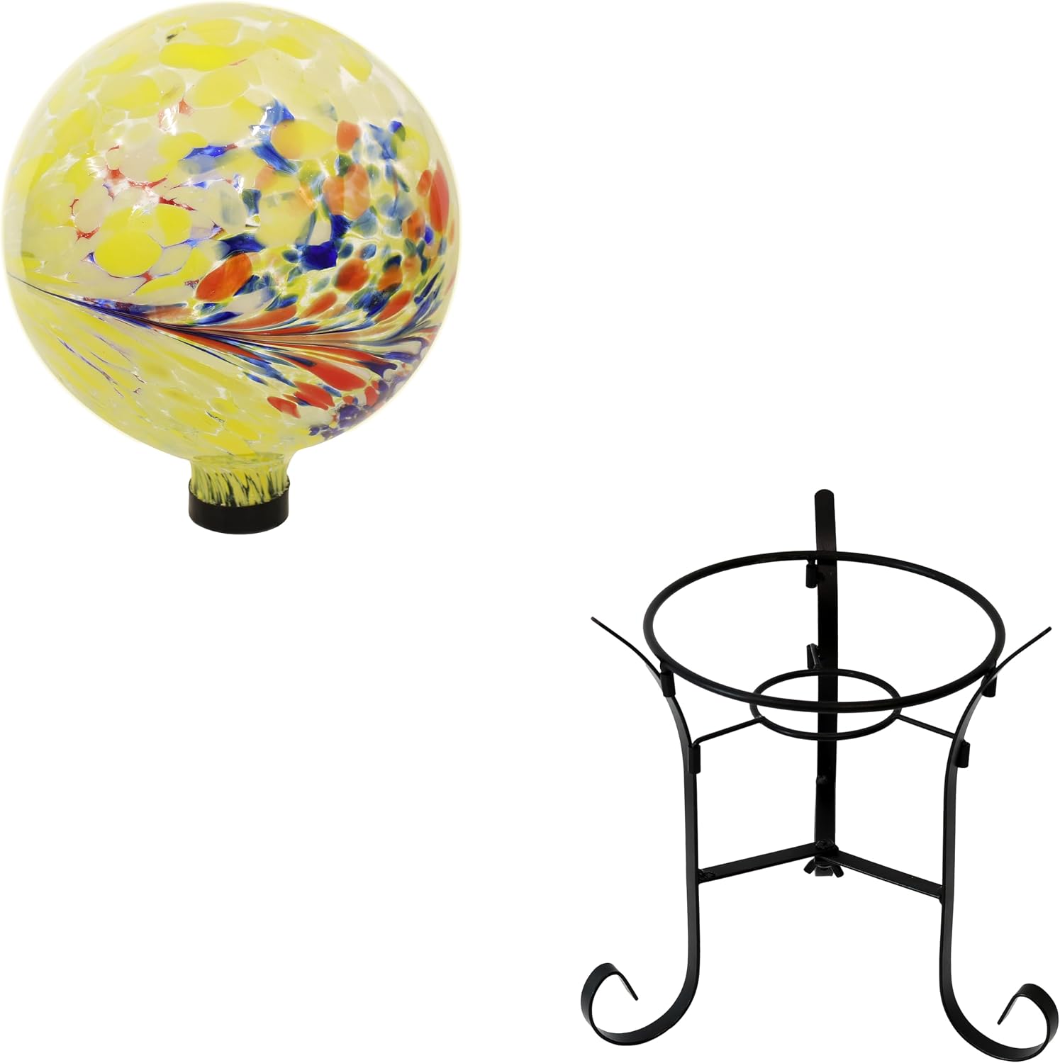 Sunnydaze 10-Inch Bright Summer Burst Glass Gazing Globe and 9-InchTall Black Steel Traditional Style Gazing Ball Stand Bundle