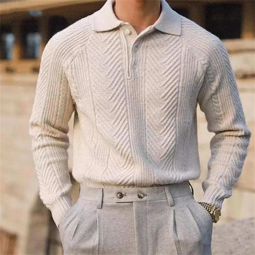 Men's Fashionable Textured Knitted Sweater Long Sleeve Turn-Down Collar Zipper Pullover Autumn Knit Clothing