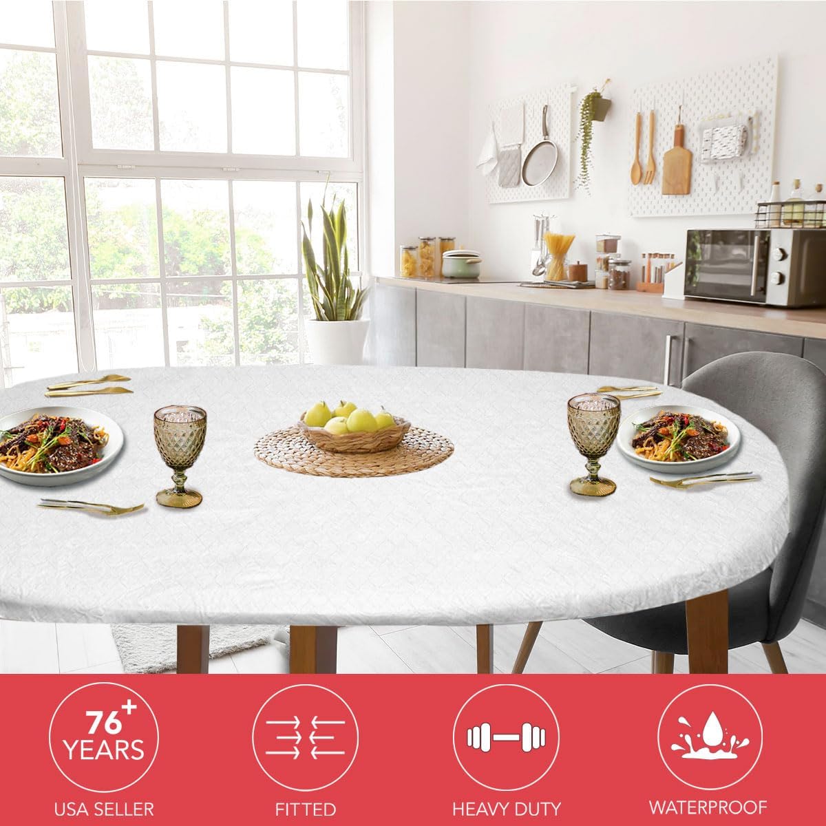 Covers For The Home Deluxe Elastic Edged Flannel Backed Vinyl Fitted Table Cover - Quilted White Pattern - Round Oblong Oval - Fits Tables up to 48" W x 68" L