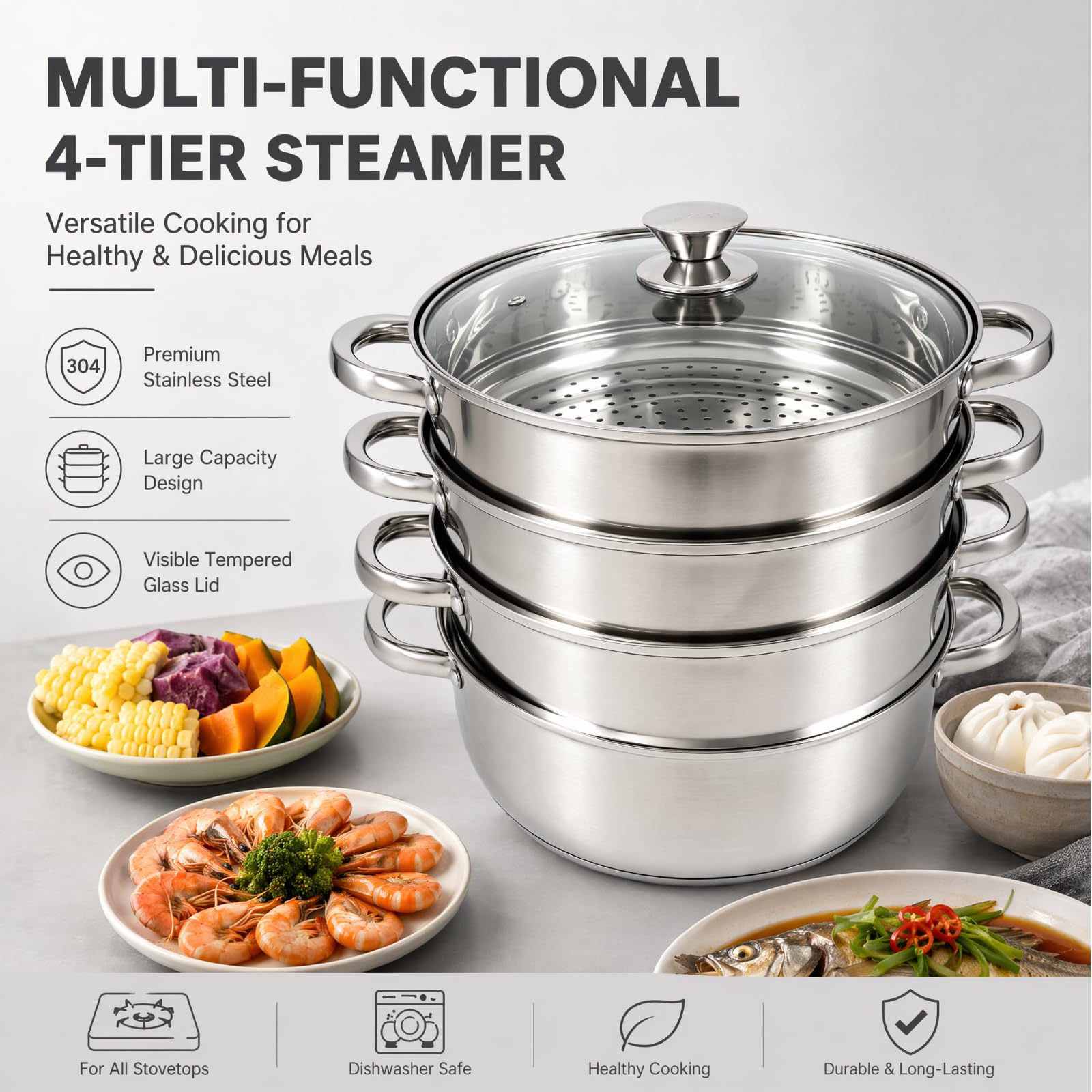LOMUG Dampfgarer zum Kochen – 28 cm Edelstahl-Dampfgarer mit Dämpfeinsatz, 3/4/5-stöckiges Kochgeschirr mit Deckel zum Garen von Gemüse, Meeresfrüchten, Suppen, Eintöpfen und Pasta