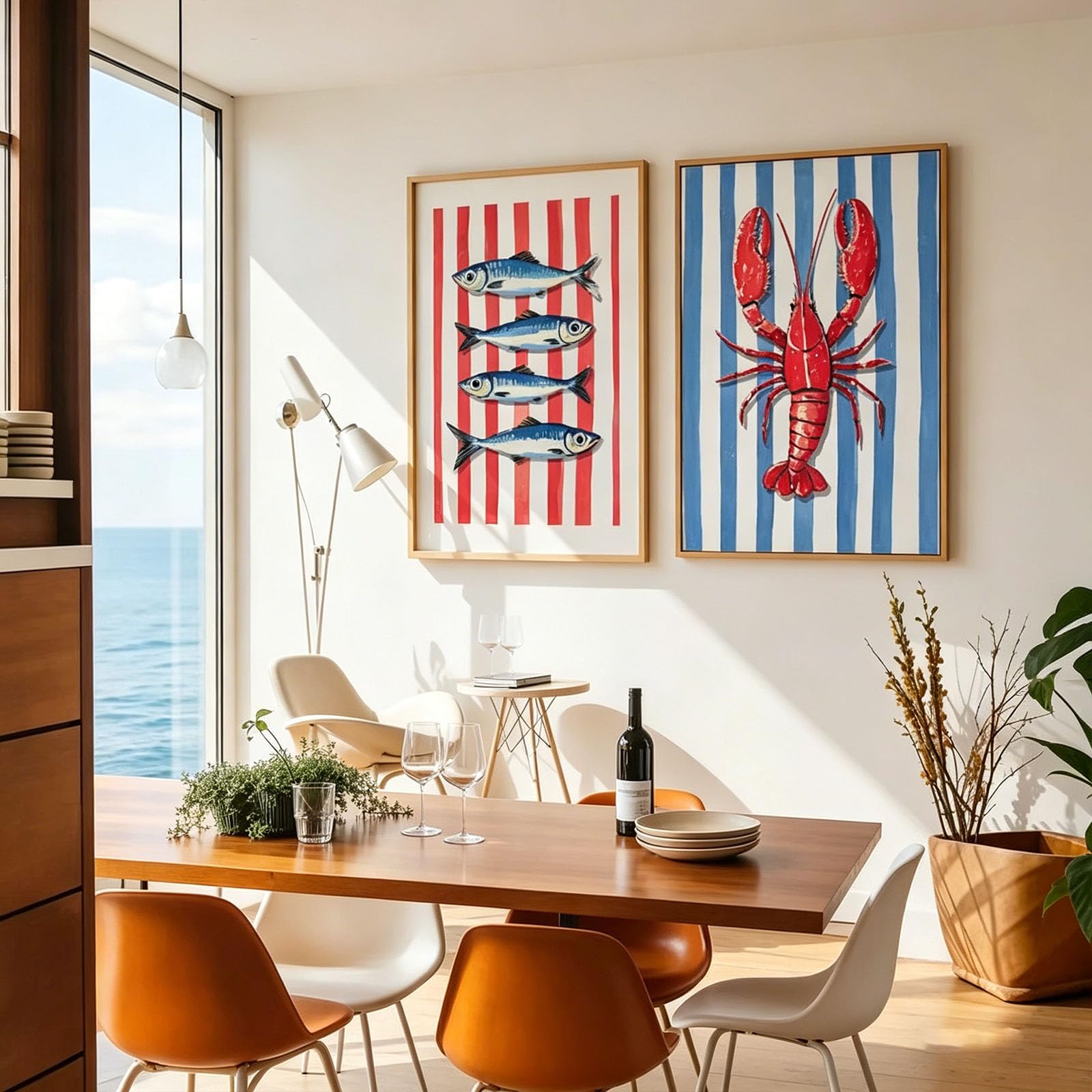 JORCEDI Set of 2 Posters, Abstract Geometric Lobsters and Fish Canvas Prints, Light Blue and White Stripes, Canvas Print, Poster, and Print for the Kitchen and Dining Room, Unframed (30x40cm)