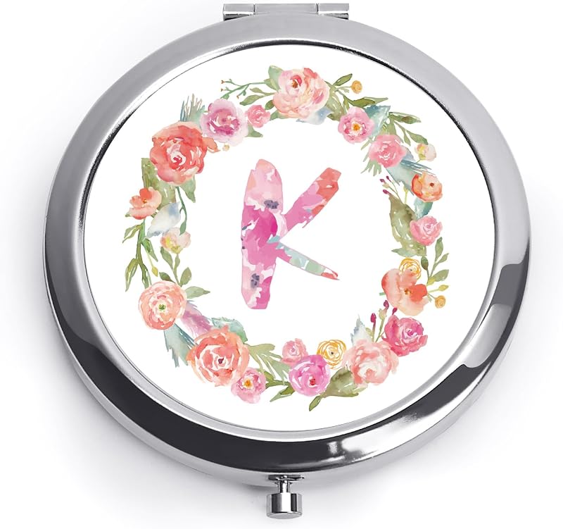Espelho compacto redondo personalizado QUSTGO com monograma floral, ampliação 1X e 2X, pacote com 1