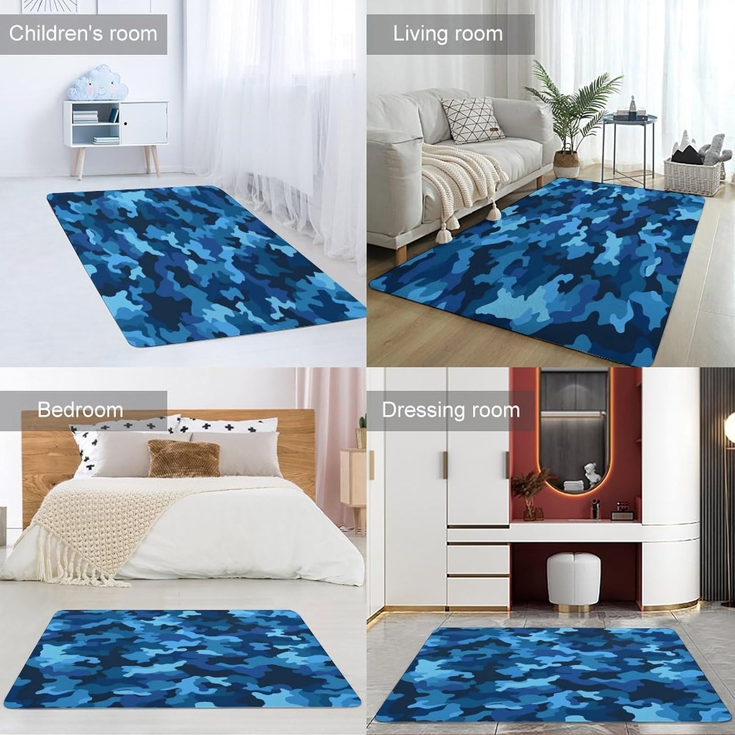 Blue Camo Carpet for Living Room,Washable Dining Room Non-Slip Under Table Rug 40“x60”Large Rugs Lndoor Home Decoration Stain Resistant Carpet for Bedroom