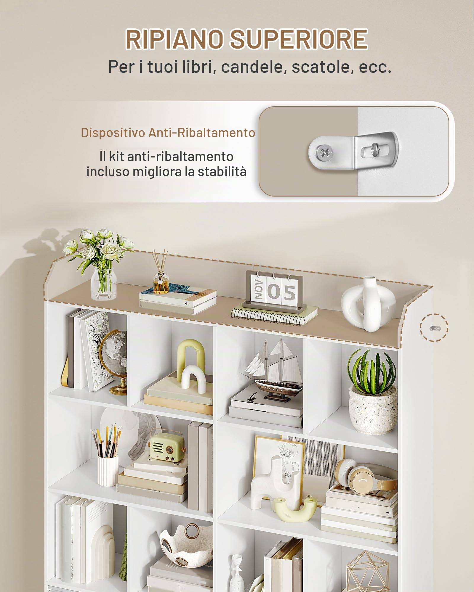 Hzuaneri 180 cm Libreria, con 10 Ripiani Aperti, 2 Armadi Chiusi con Ante, Grande Libreria, Scaffale Aperto, Adatto per Soggiorno, Ufficio, Camera da Letto, 30 x 120 x 180 cm, Bianco BC46503X