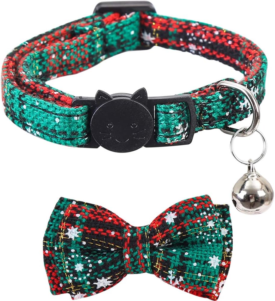 Lamphyface 2 Pack/Set Christmas Cat Collar Breakaway with Cute Bow Tie and Bell for Kitty Adjustable Safety Plaid